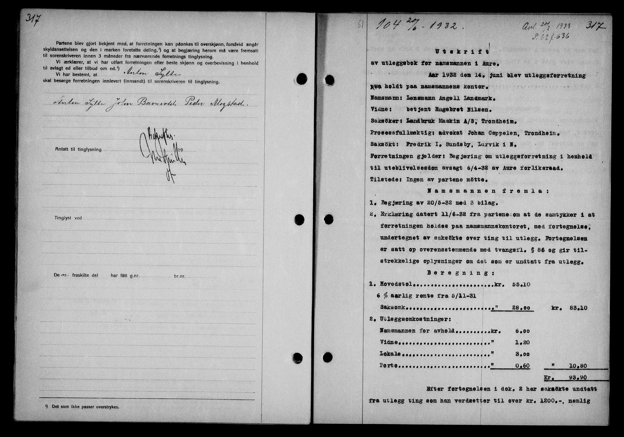 Nordmøre sorenskriveri, AV/SAT-A-4132/1/2/2Ca/L0075: Mortgage book no. 65, 1932-1932, Deed date: 20.06.1932