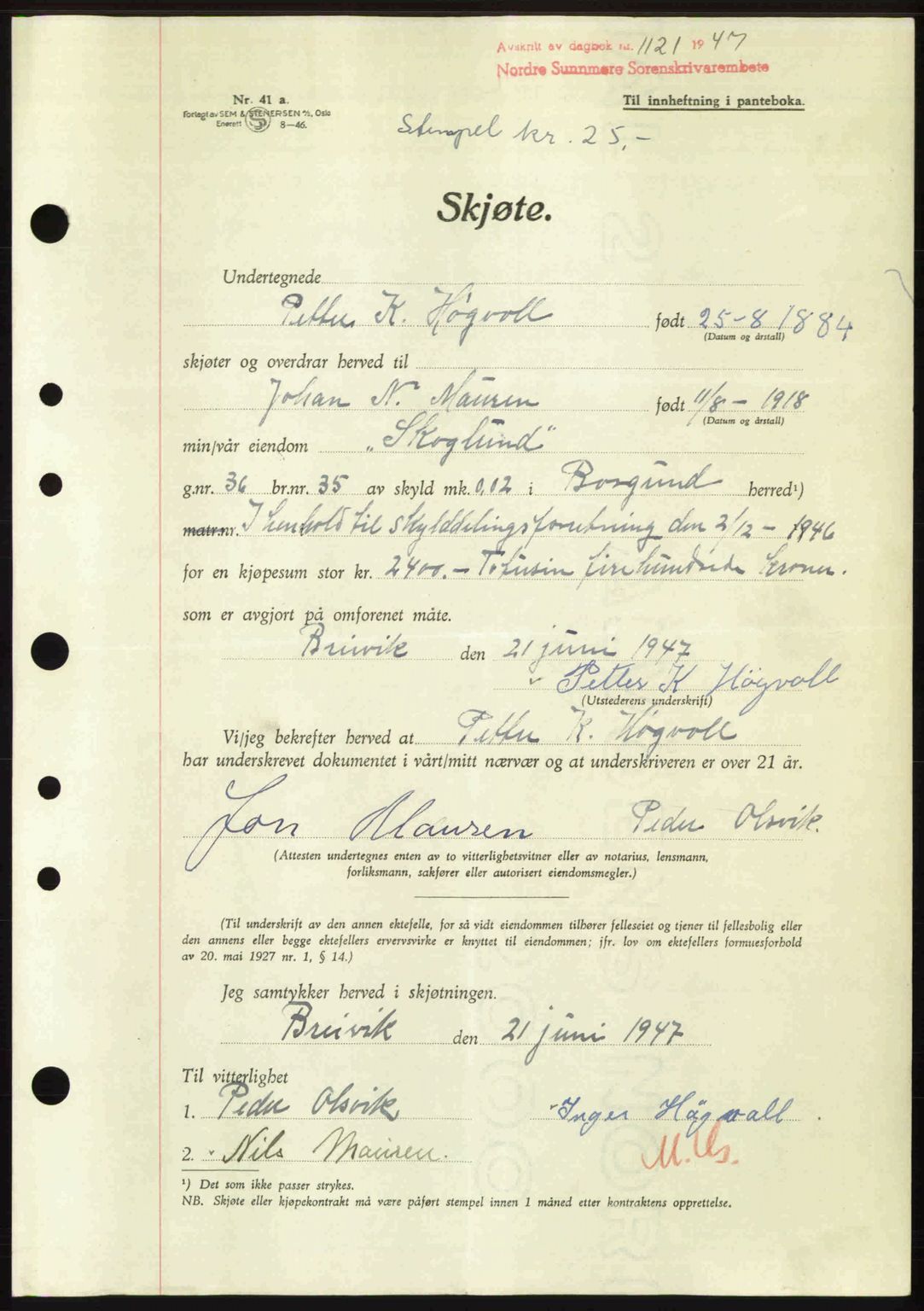 Nordre Sunnmøre sorenskriveri, AV/SAT-A-0006/1/2/2C/2Ca: Mortgage book no. A25, 1947-1947, Diary no: : 1121/1947