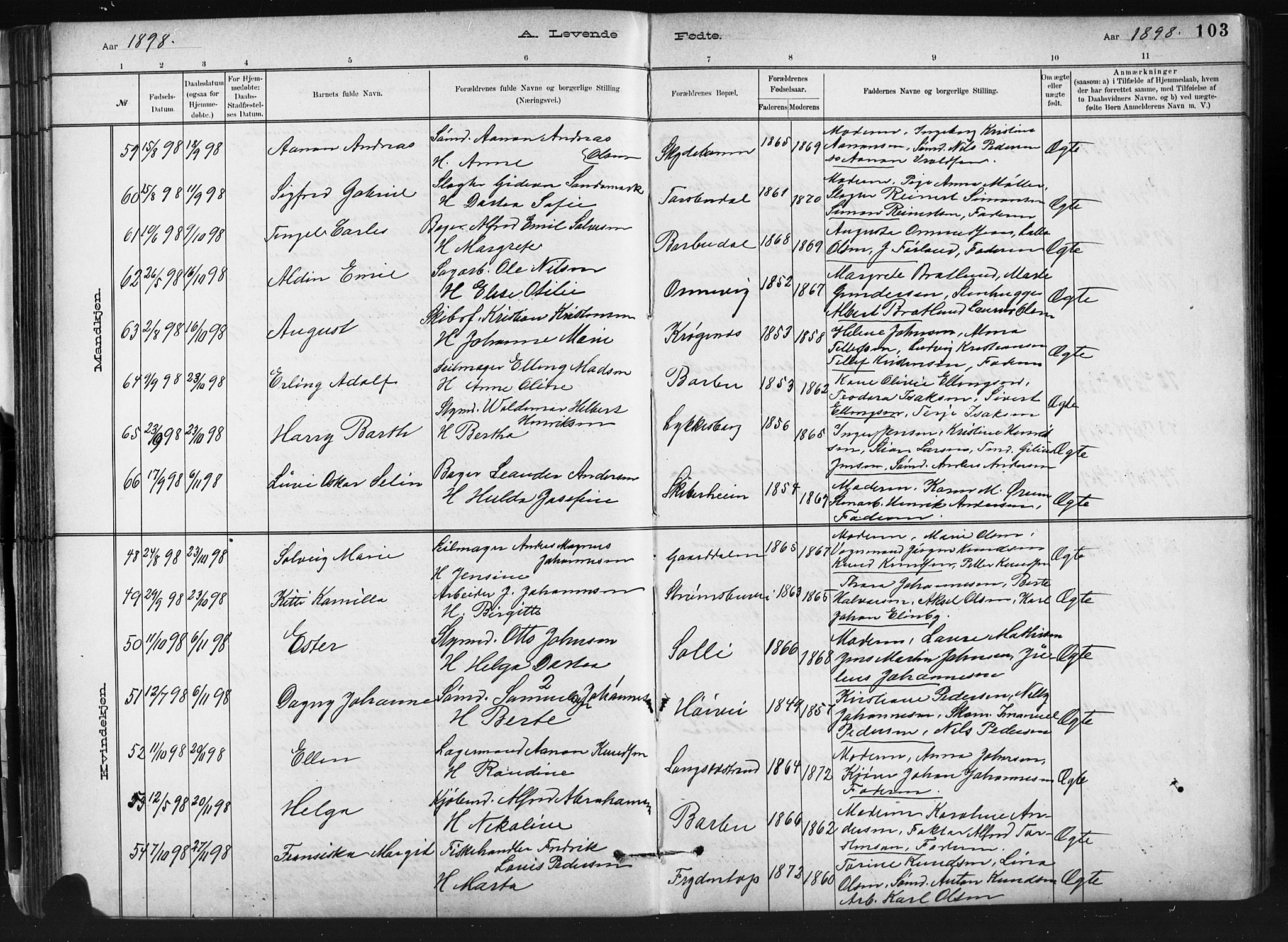 Barbu sokneprestkontor, AV/SAK-1111-0003/F/Fb/L0002: Parish register (copy) no. B 2, 1890-1922, p. 103