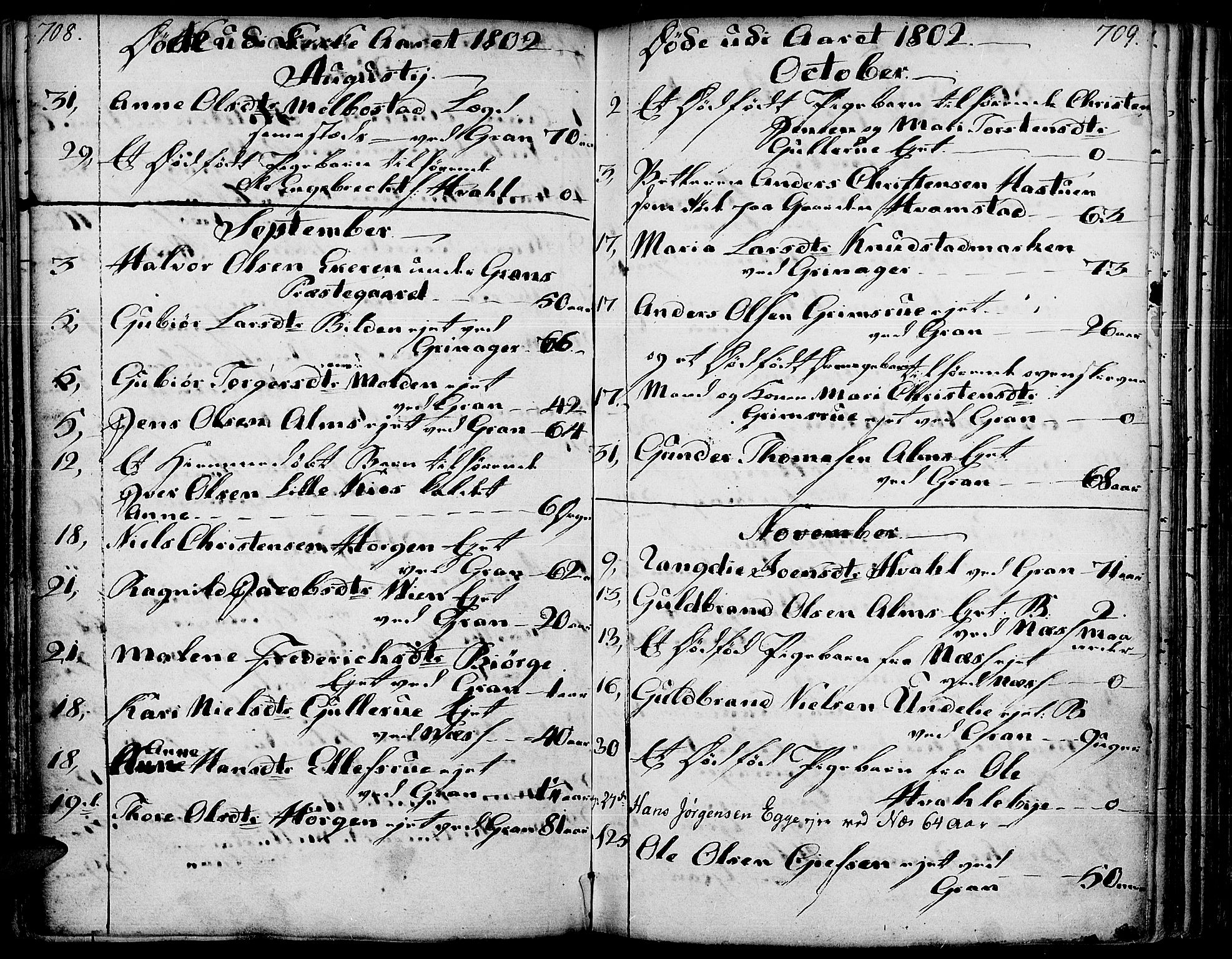 Gran prestekontor, SAH/PREST-112/H/Ha/Haa/L0006: Parish register (official) no. 6, 1787-1824, p. 708-709