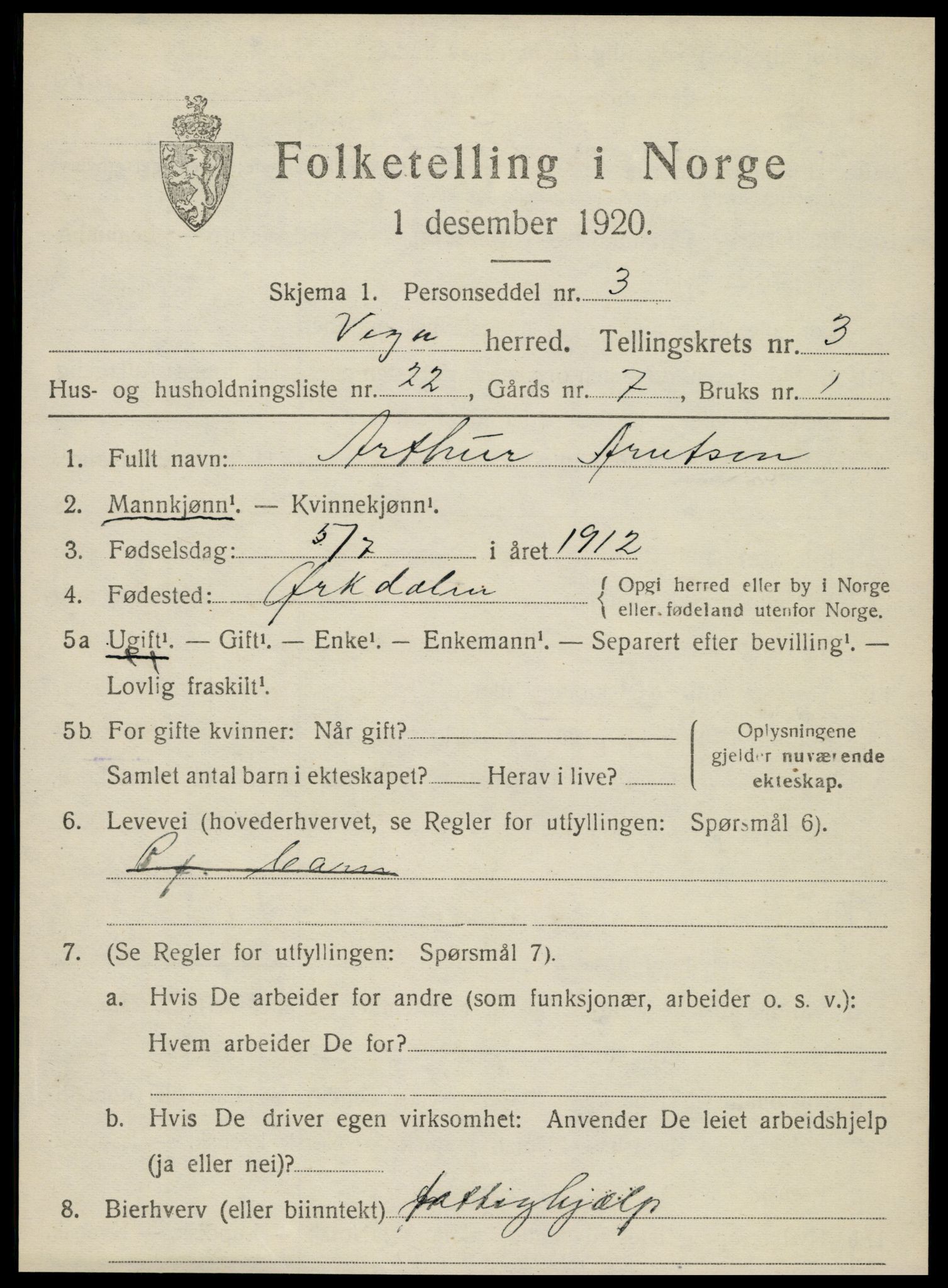 SAT, 1920 census for Vega, 1920, p. 1909