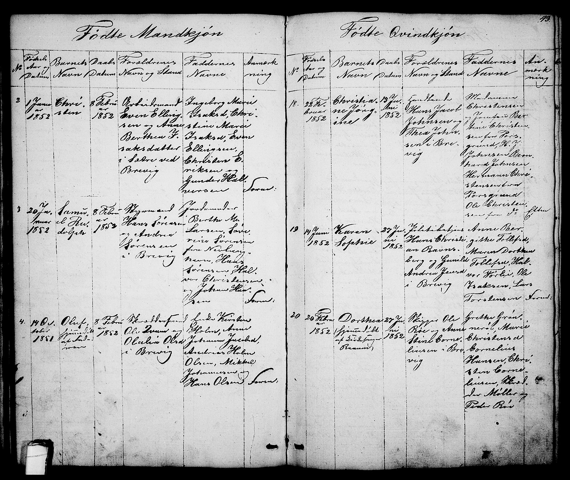 Brevik kirkebøker, AV/SAKO-A-255/G/Ga/L0002: Parish register (copy) no. 2, 1846-1865, p. 43