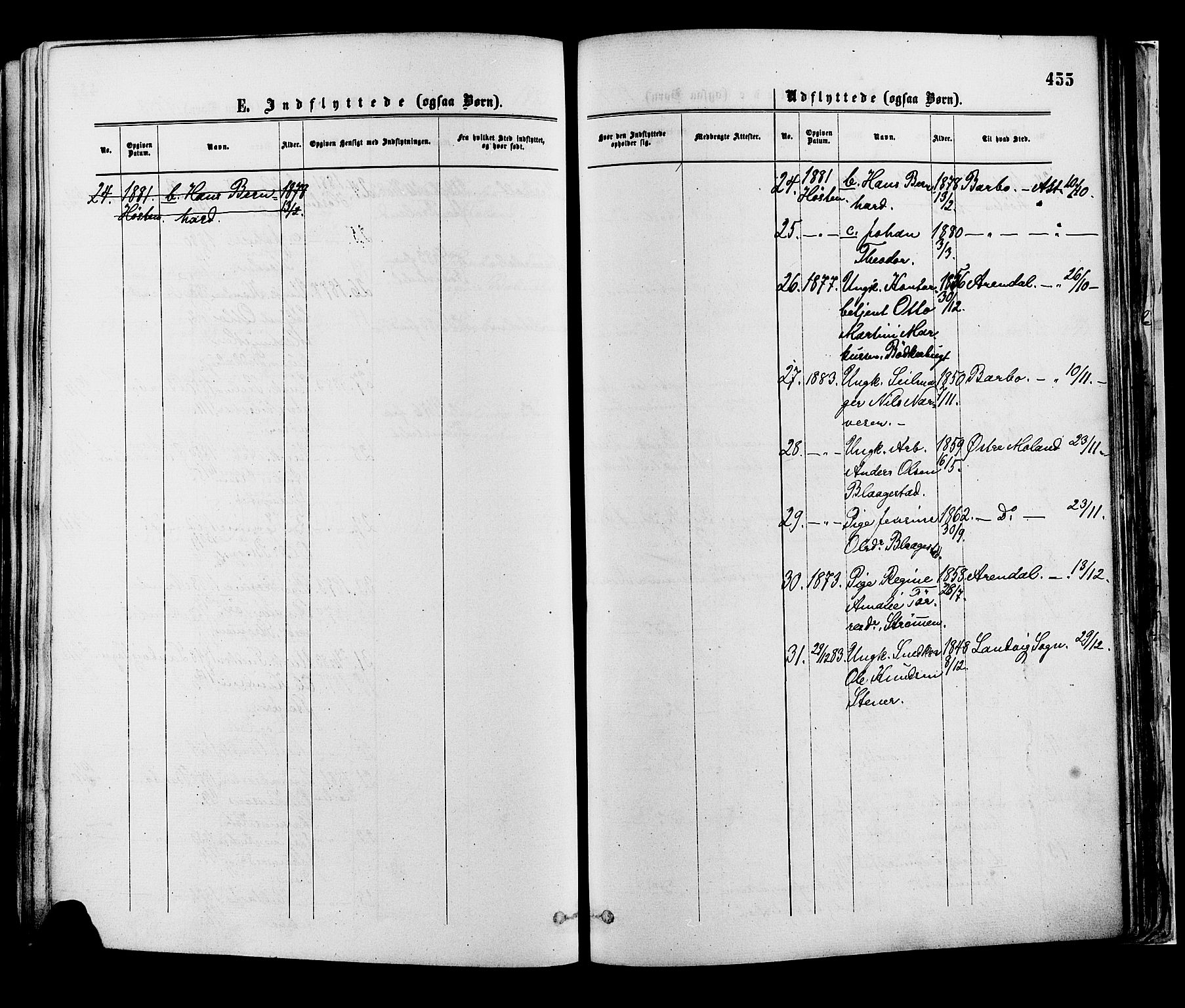 Øyestad sokneprestkontor, SAK/1111-0049/F/Fa/L0016: Parish register (official) no. A 16, 1874-1886, p. 455