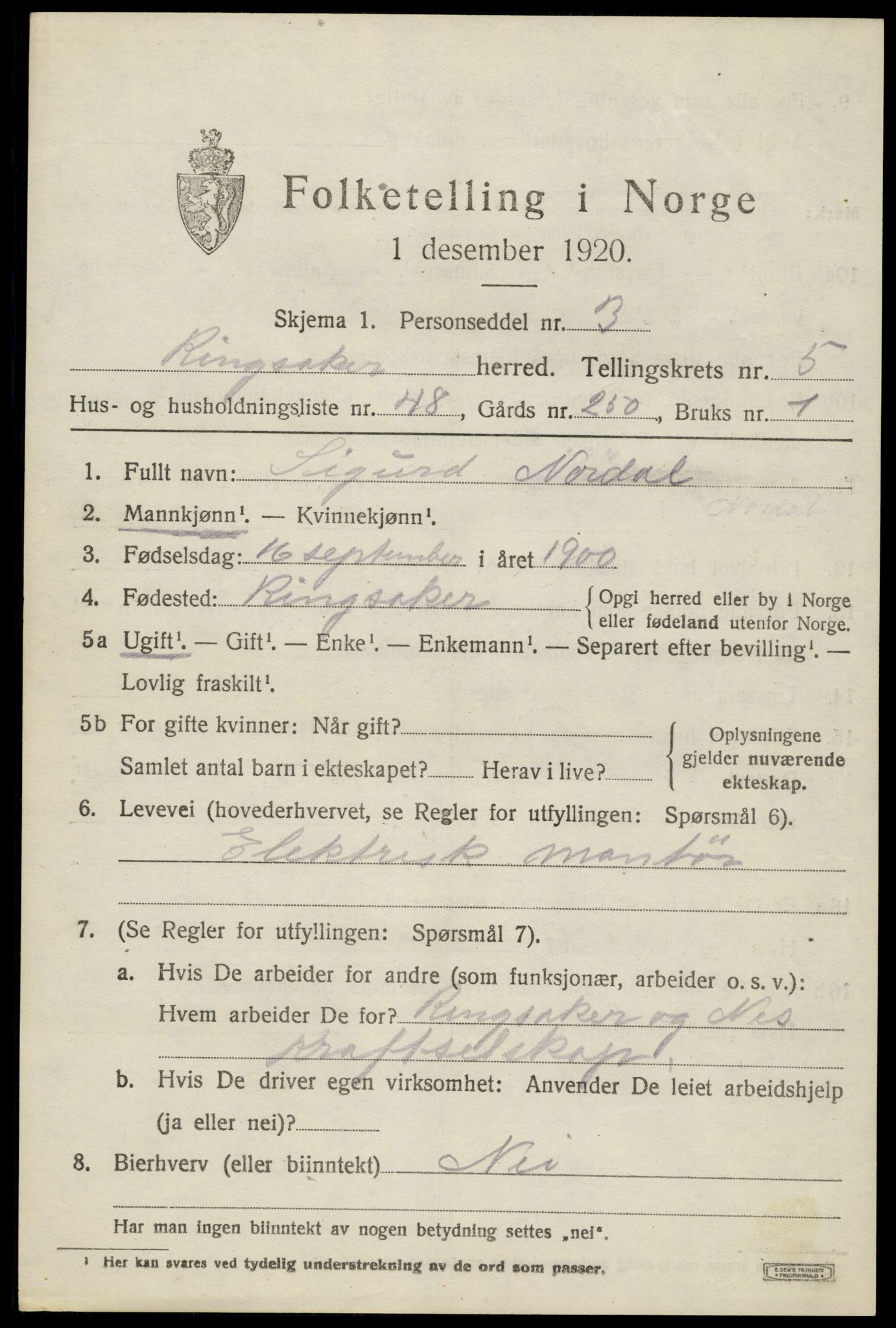 SAH, 1920 census for Ringsaker, 1920, p. 10334