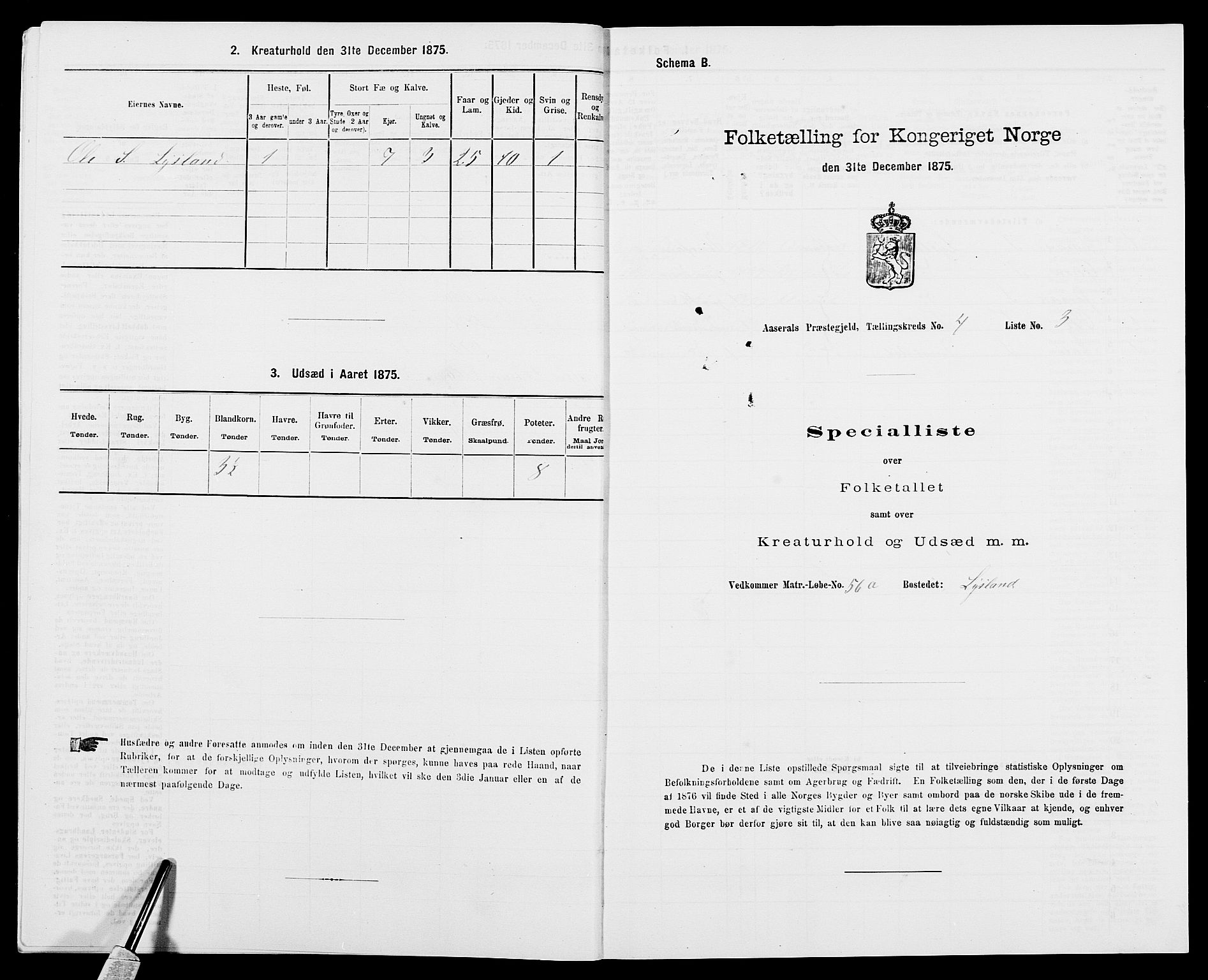 SAK, 1875 census for 0980P Åseral, 1875, p. 285