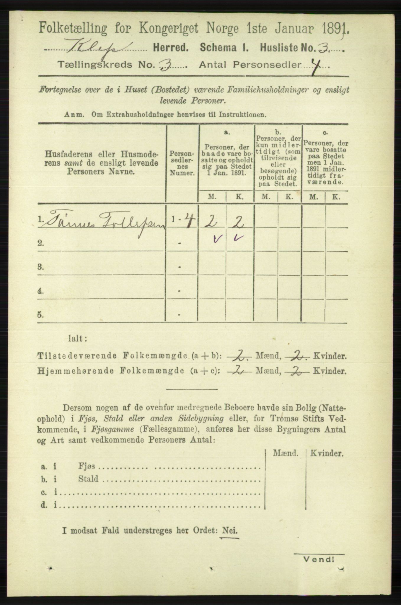 RA, 1891 census for 1120 Klepp, 1891, p. 593