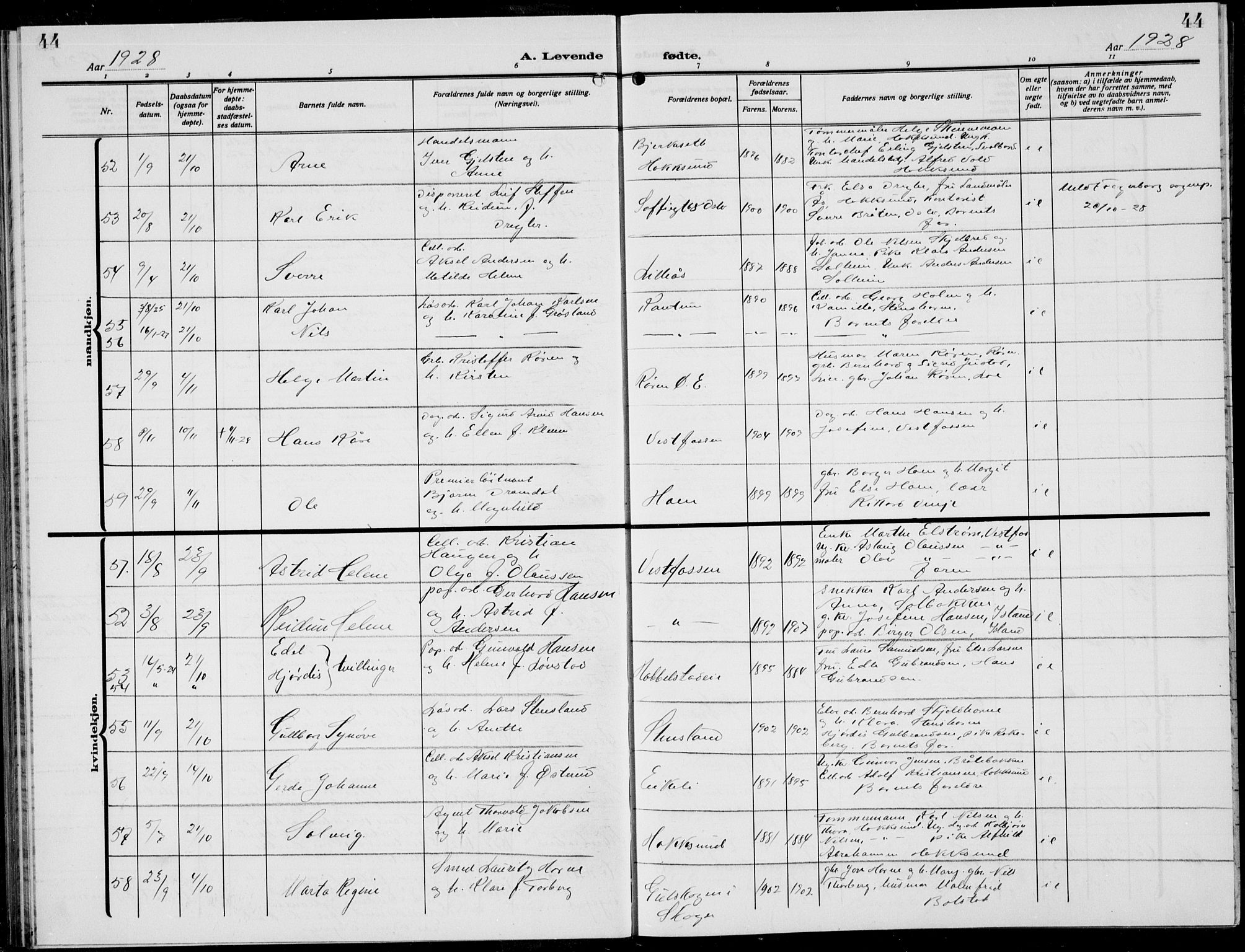 Eiker kirkebøker, AV/SAKO-A-4/G/Ga/L0010: Parish register (copy) no. I 10, 1925-1934, p. 44