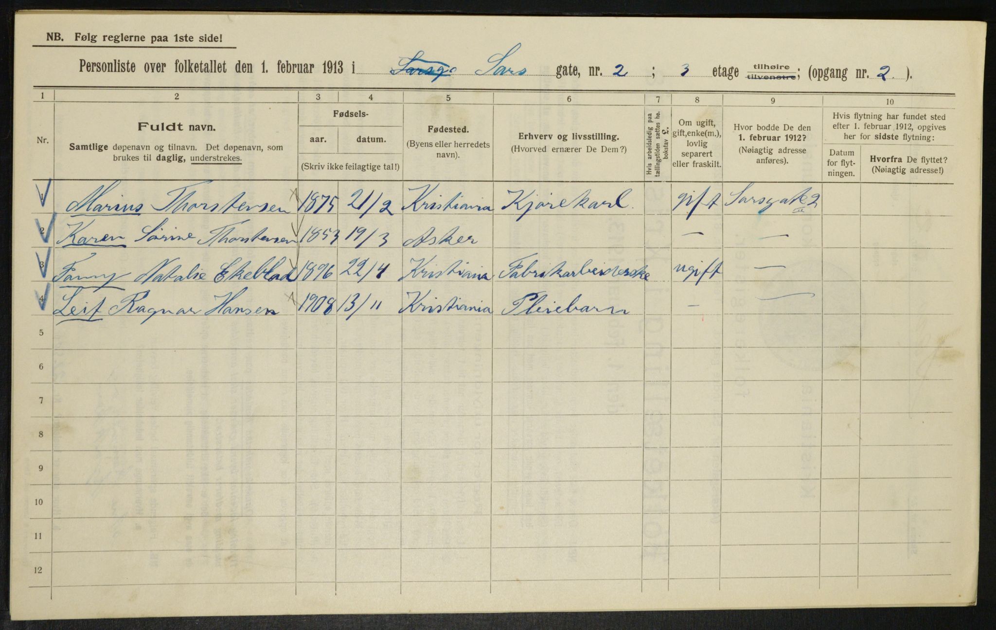 OBA, Municipal Census 1913 for Kristiania, 1913, p. 89220