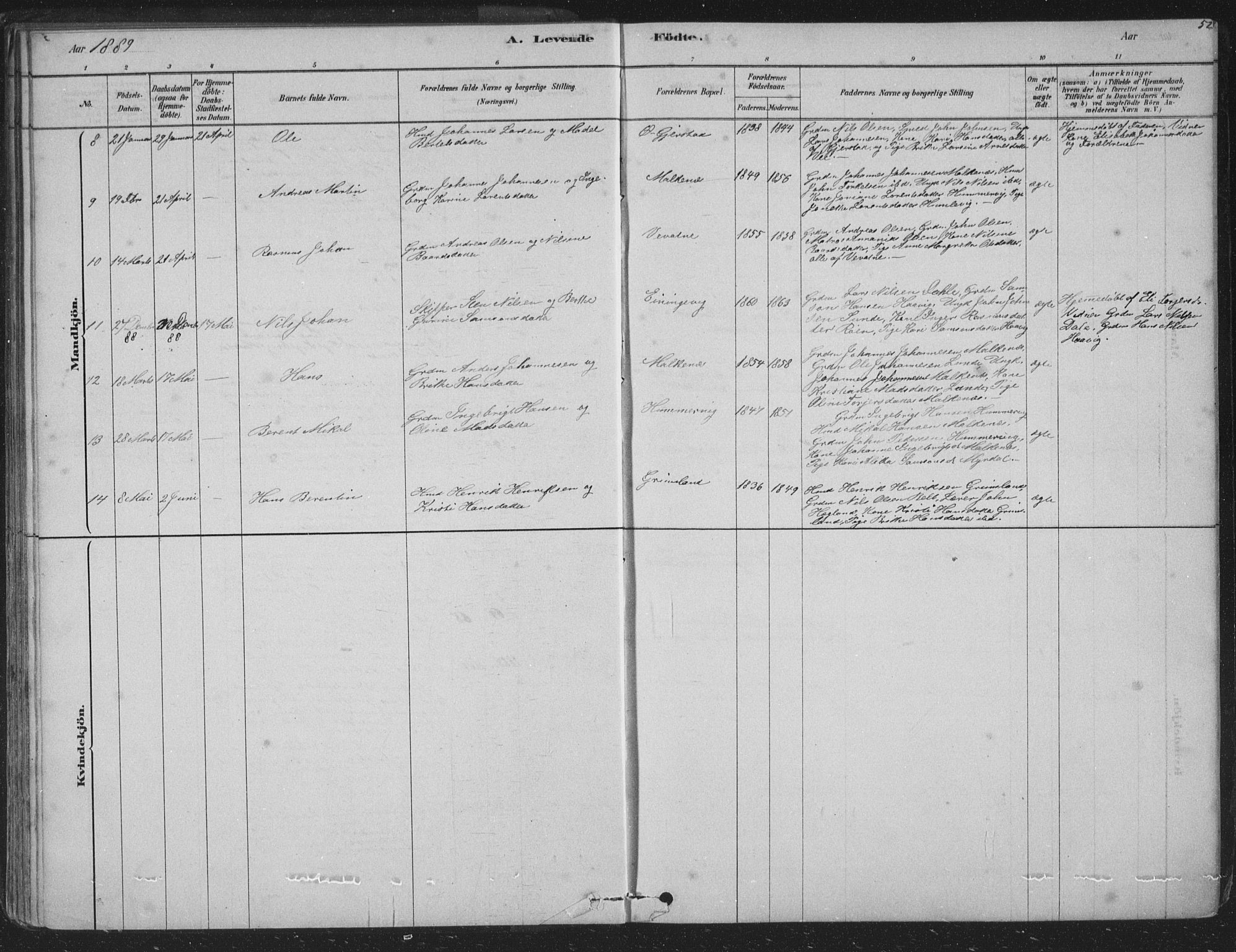 Tysnes sokneprestembete, AV/SAB-A-78601/H/Hab: Parish register (copy) no. B 2, 1878-1918, p. 52