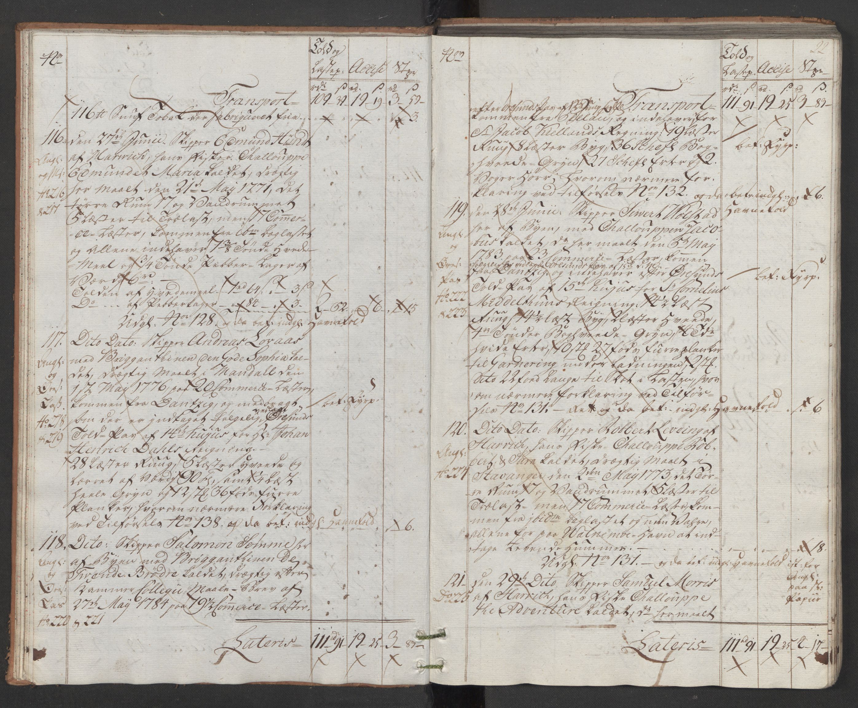 Generaltollkammeret, tollregnskaper, RA/EA-5490/R22/L0048/0001: Tollregnskaper Stavanger / Hovedtollbok, 1786, p. 21b-22a