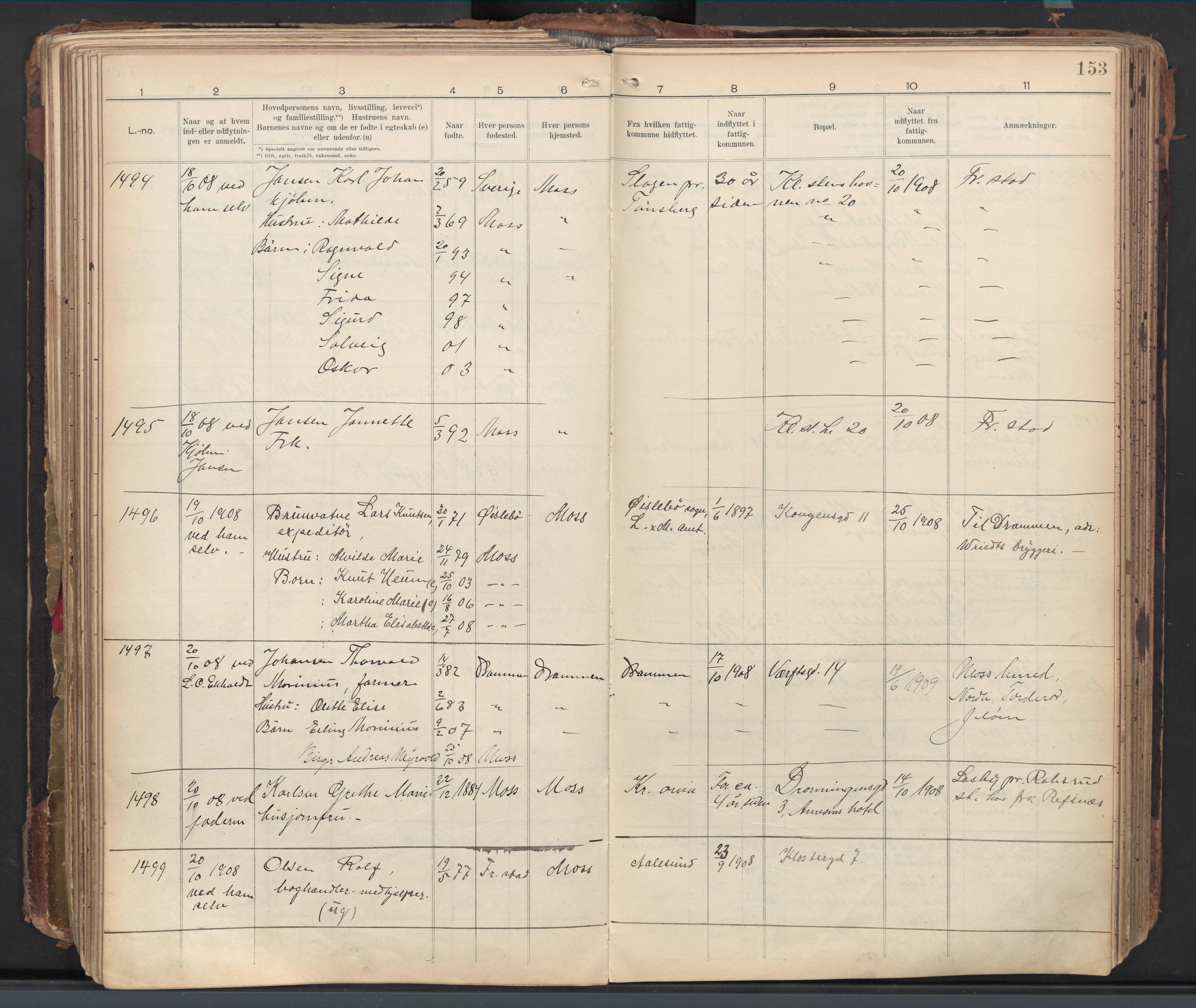 Moss folkeregister, AV/SAO-A-10020/J/L0002: Inn- og utflyttede i Moss fattigkommune, 1905-1913, p. 153