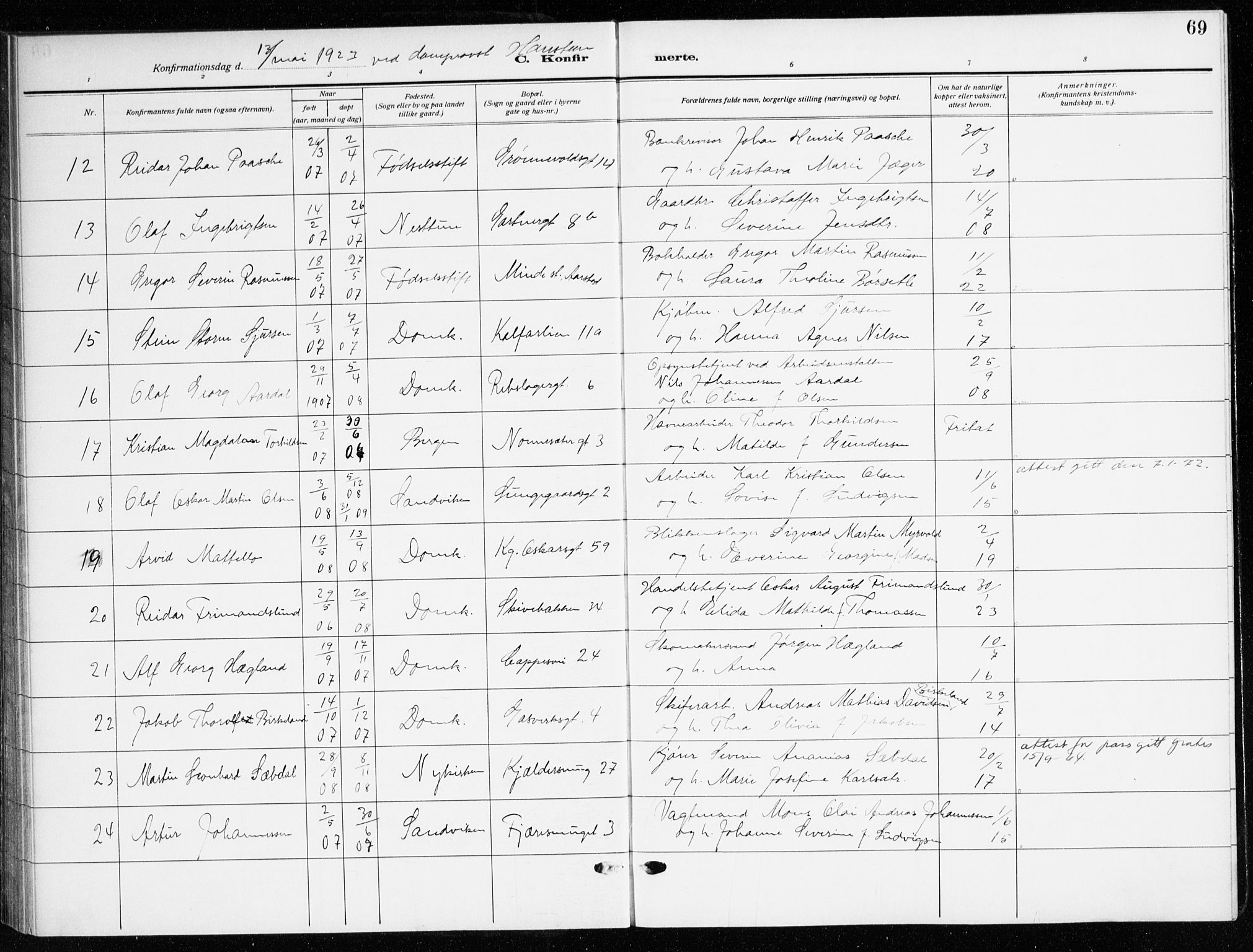 Domkirken sokneprestembete, AV/SAB-A-74801/H/Haa/L0032: Parish register (official) no. C 7, 1915-1930, p. 69