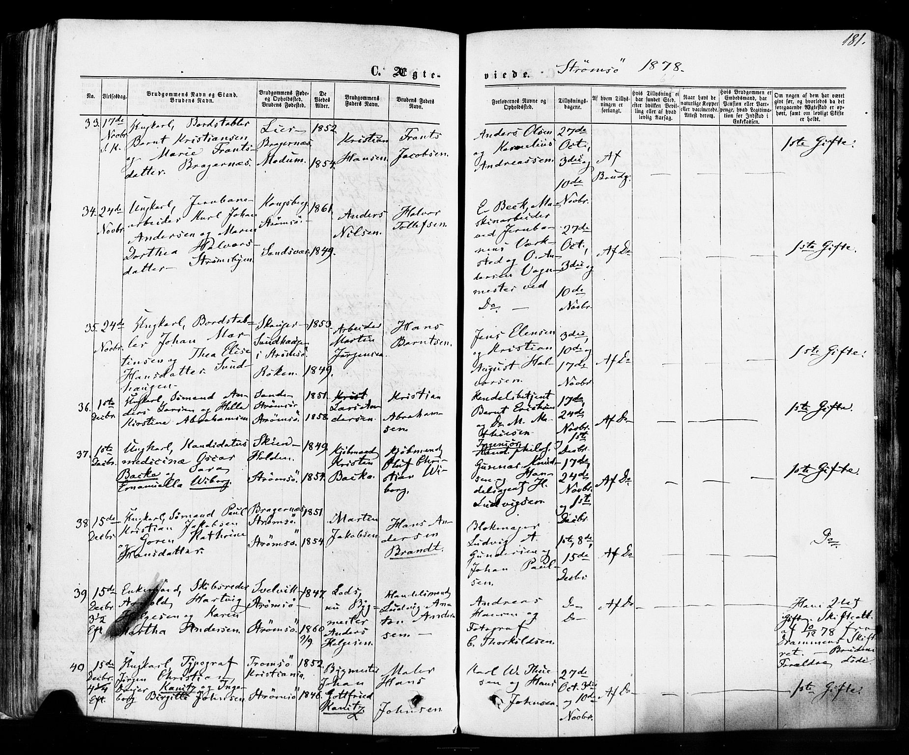 Strømsø kirkebøker, AV/SAKO-A-246/F/Fa/L0018: Parish register (official) no. I 18, 1865-1878, p. 181