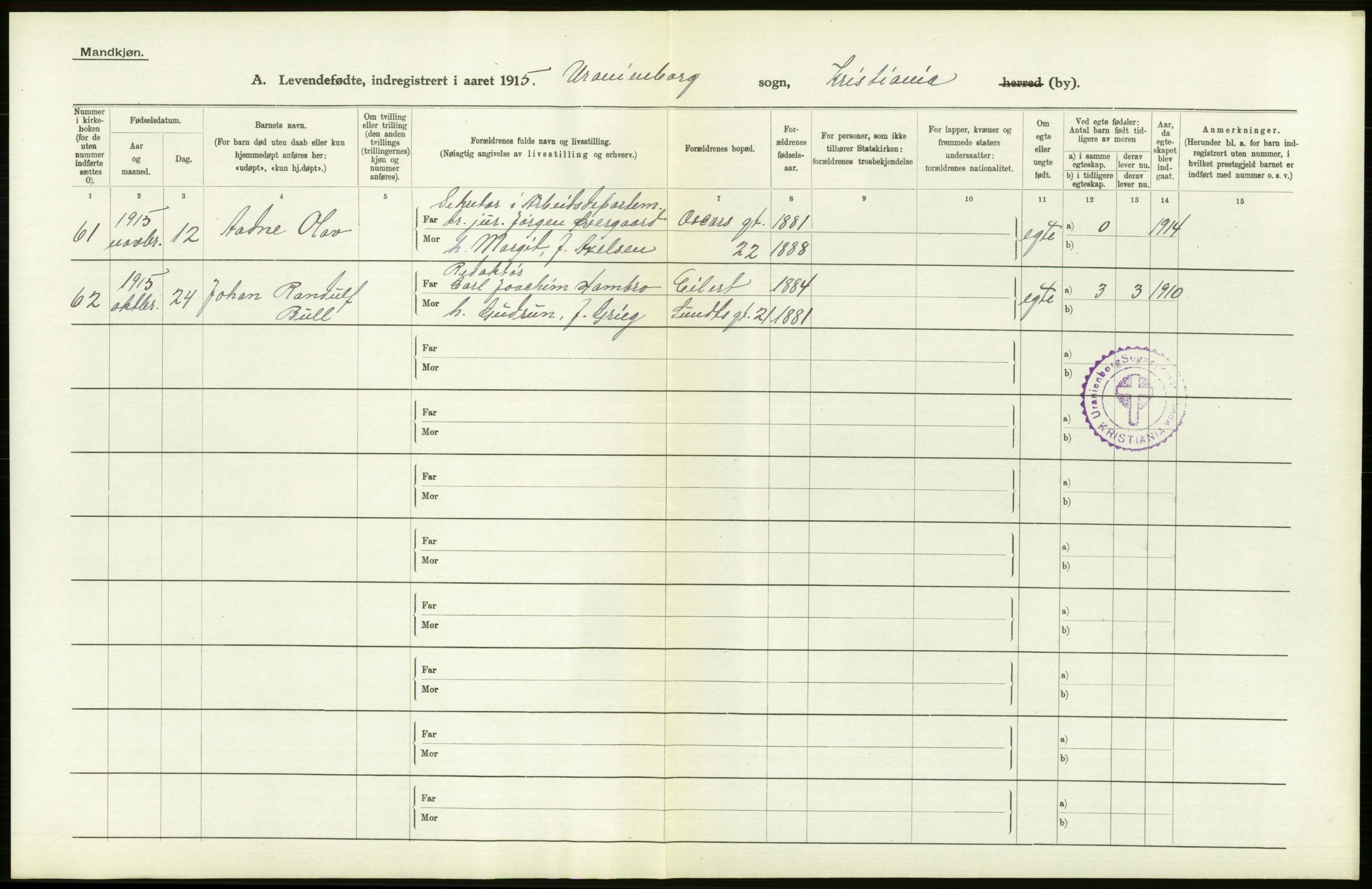 Statistisk sentralbyrå, Sosiodemografiske emner, Befolkning, RA/S-2228/D/Df/Dfb/Dfbe/L0007: Kristiania: Levendefødte menn og kvinner., 1915, p. 504