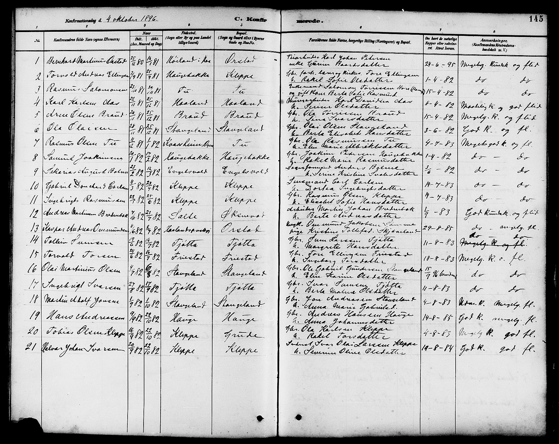 Klepp sokneprestkontor, SAST/A-101803/001/3/30BB/L0004: Parish register (copy) no. B 4, 1889-1914, p. 145