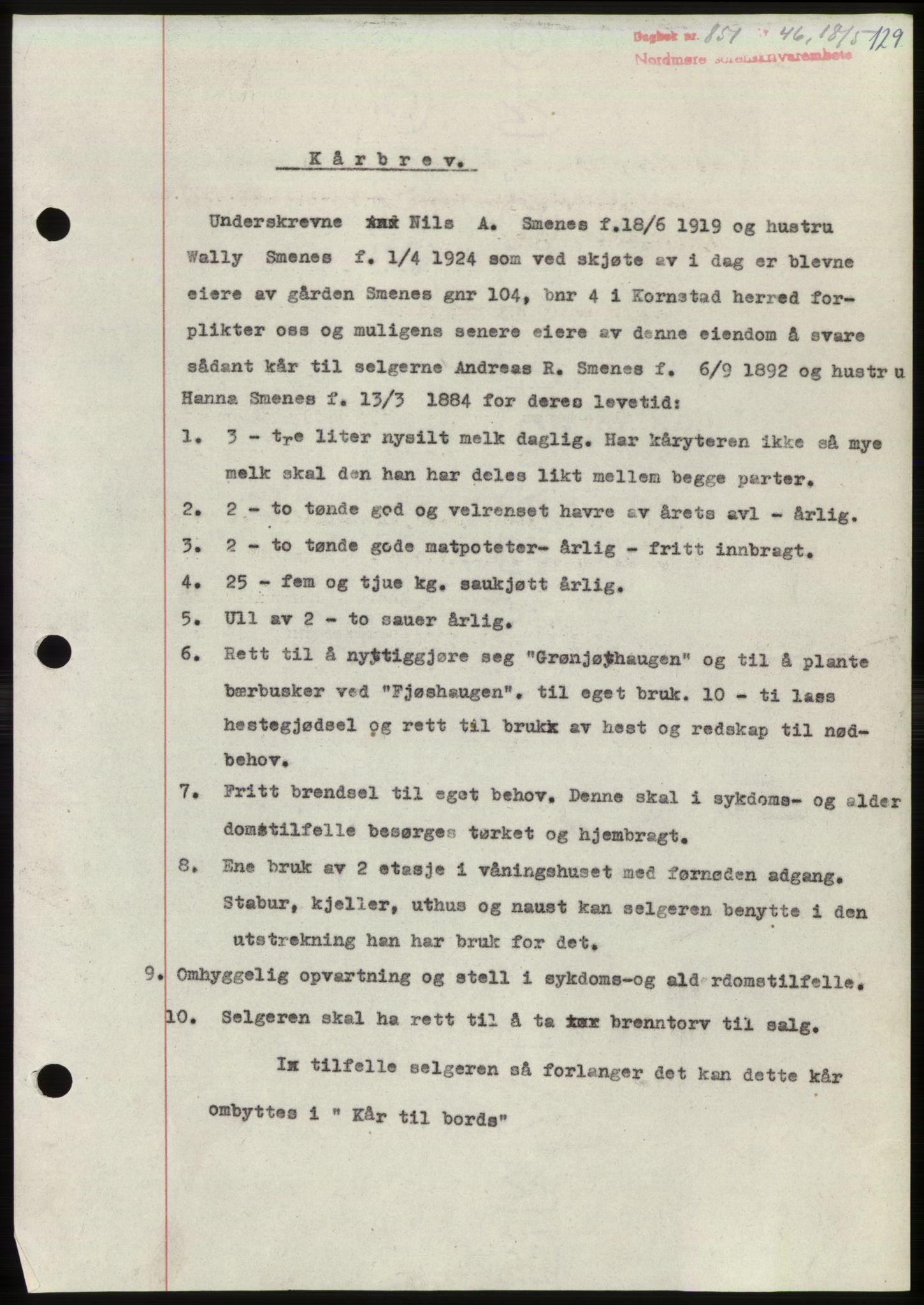 Nordmøre sorenskriveri, AV/SAT-A-4132/1/2/2Ca: Mortgage book no. B94, 1946-1946, Diary no: : 851/1946