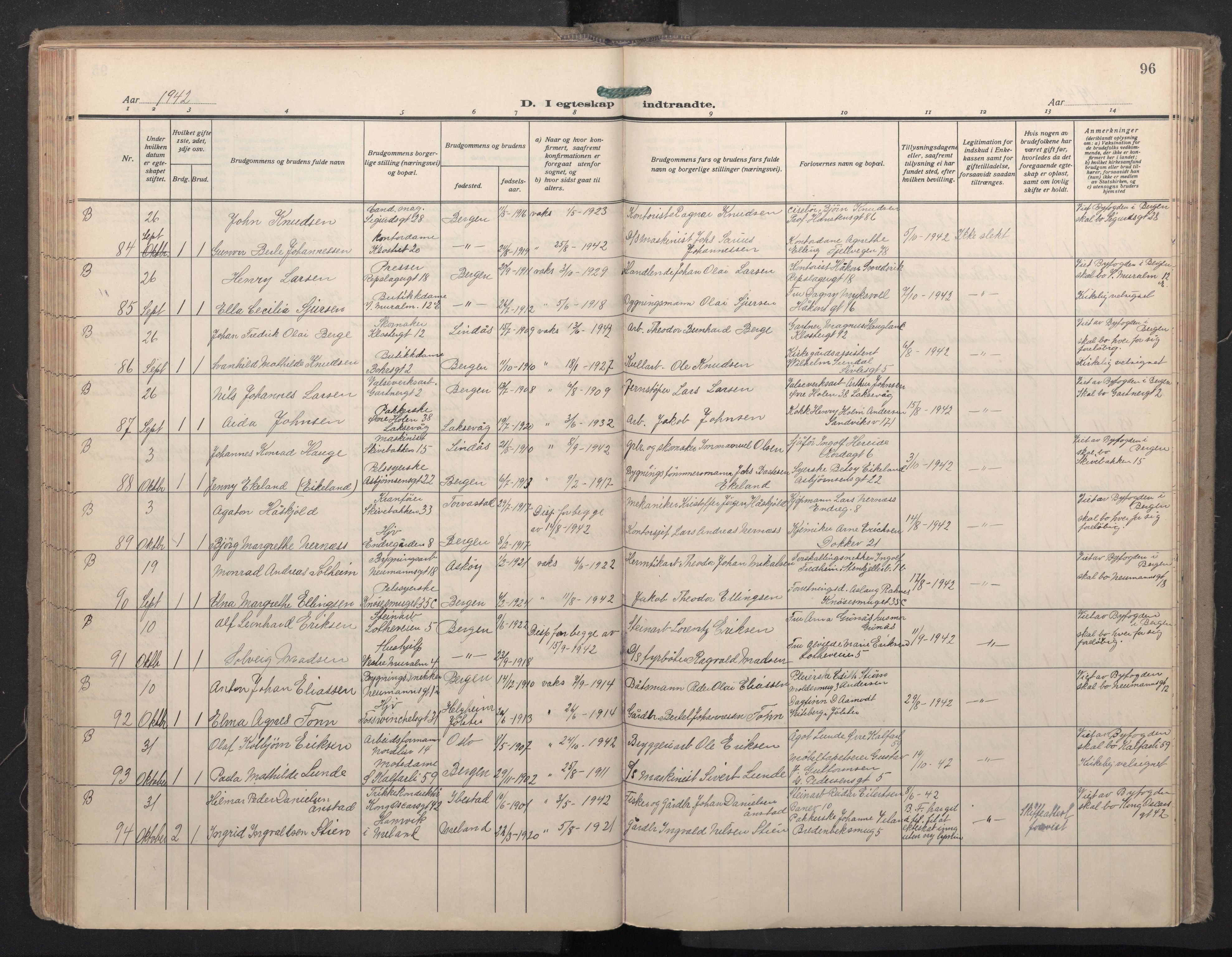 Domkirken sokneprestembete, SAB/A-74801/H/Haa: Parish register (official) no. D 7, 1937-1950, p. 95b-96a