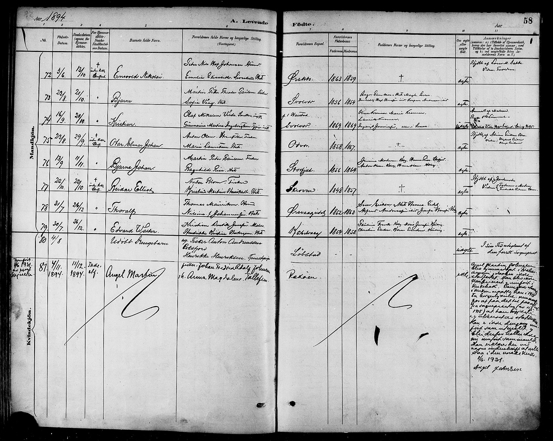 Ministerialprotokoller, klokkerbøker og fødselsregistre - Nordland, AV/SAT-A-1459/874/L1060: Parish register (official) no. 874A04, 1890-1899, p. 58