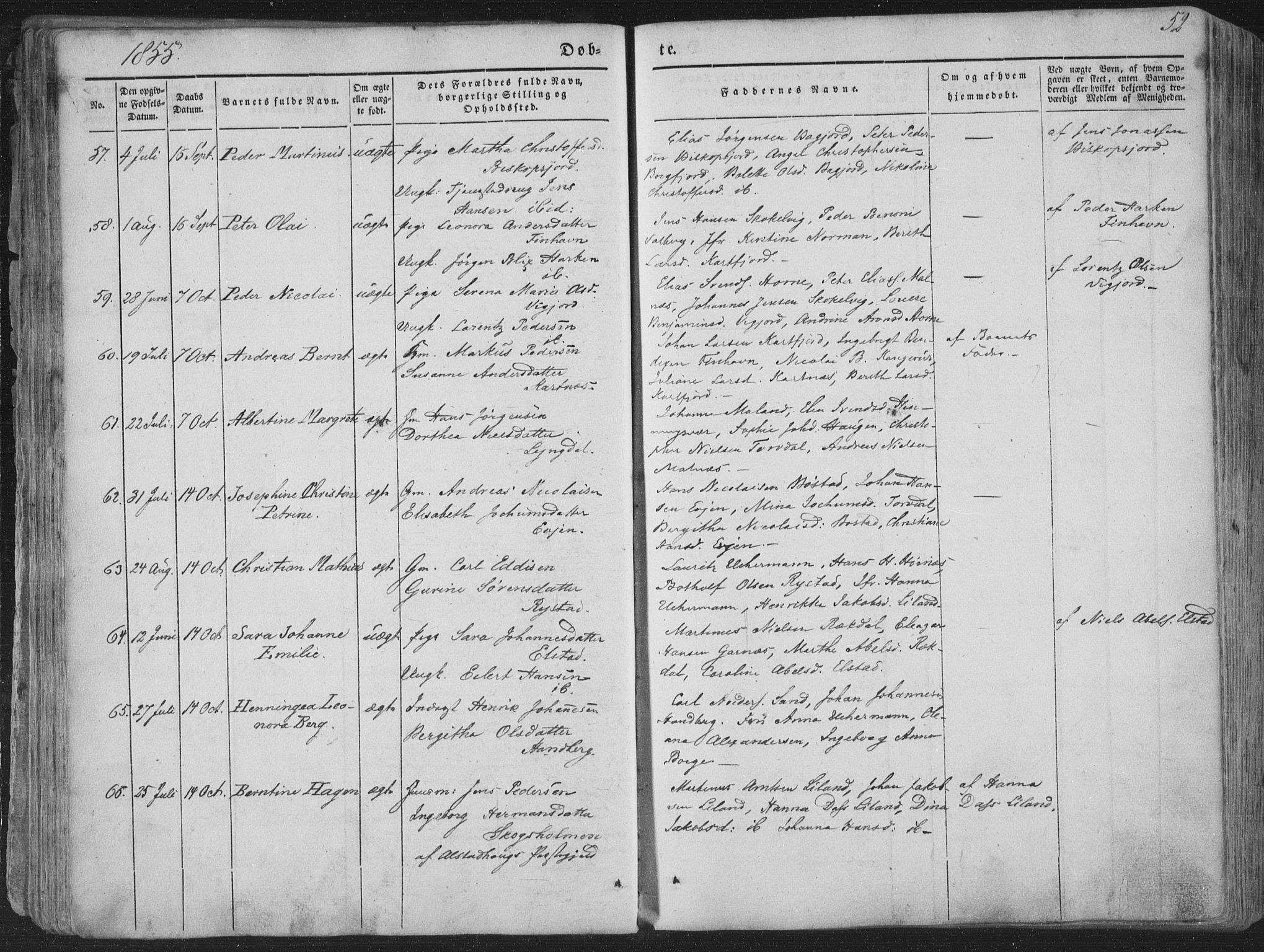 Ministerialprotokoller, klokkerbøker og fødselsregistre - Nordland, AV/SAT-A-1459/880/L1131: Parish register (official) no. 880A05, 1844-1868, p. 52