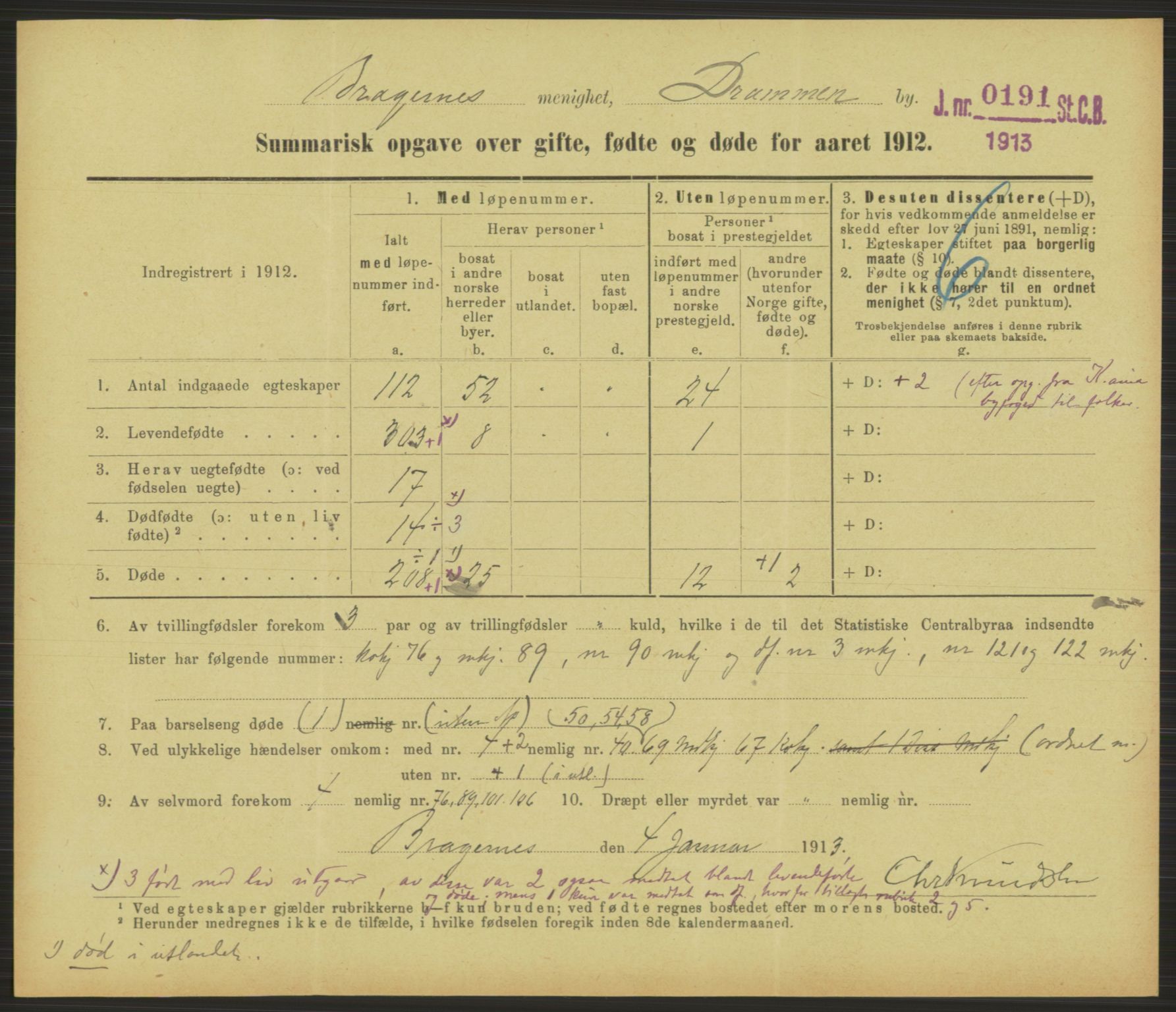 Statistisk sentralbyrå, Sosiodemografiske emner, Befolkning, RA/S-2228/D/Df/Dfb/Dfbb/L0052: Summariske oppgaver over gifte, fødte og døde for hele landet., 1912, p. 349