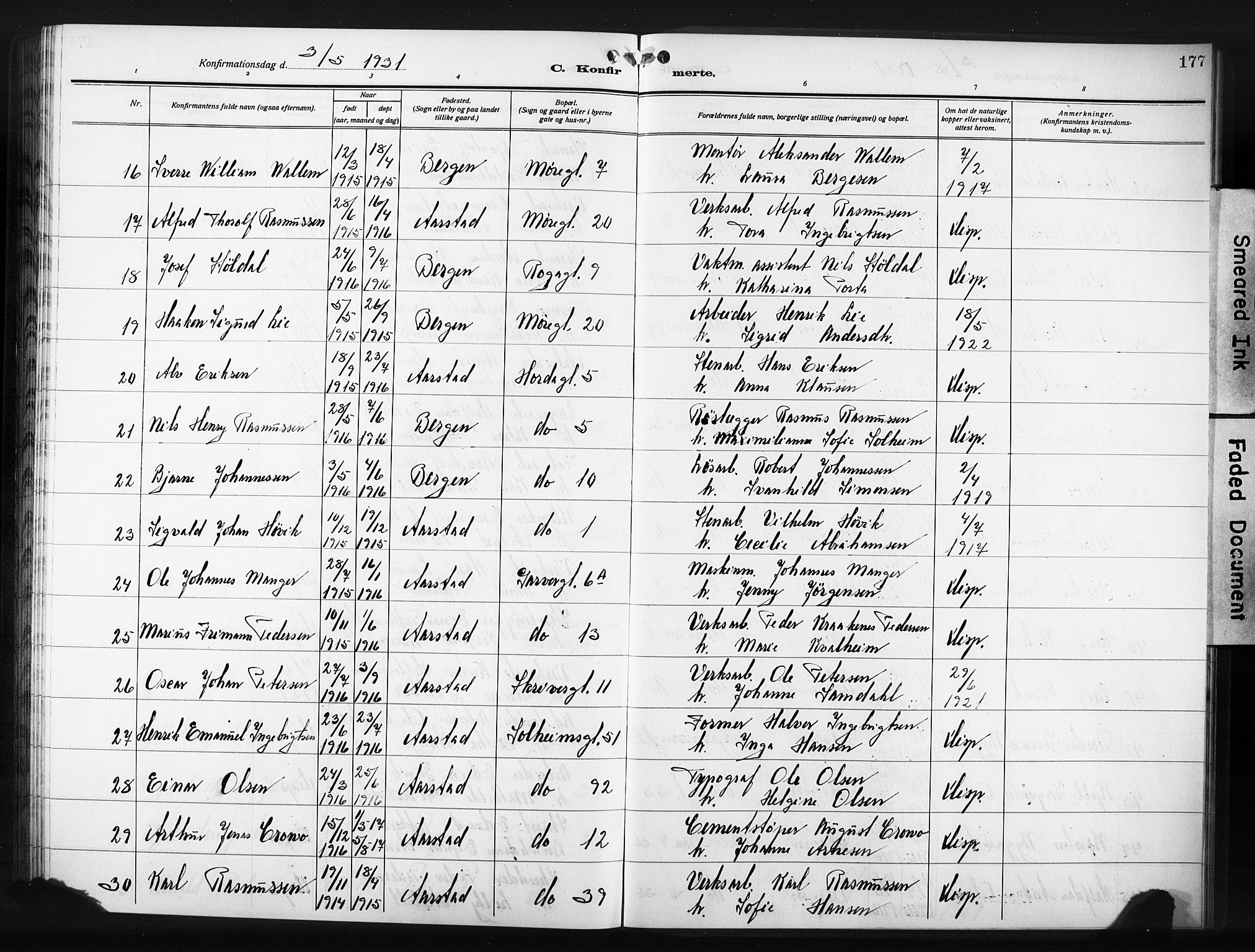 Årstad Sokneprestembete, AV/SAB-A-79301/H/Hab/L0014: Parish register (copy) no. B 4, 1923-1931, p. 177