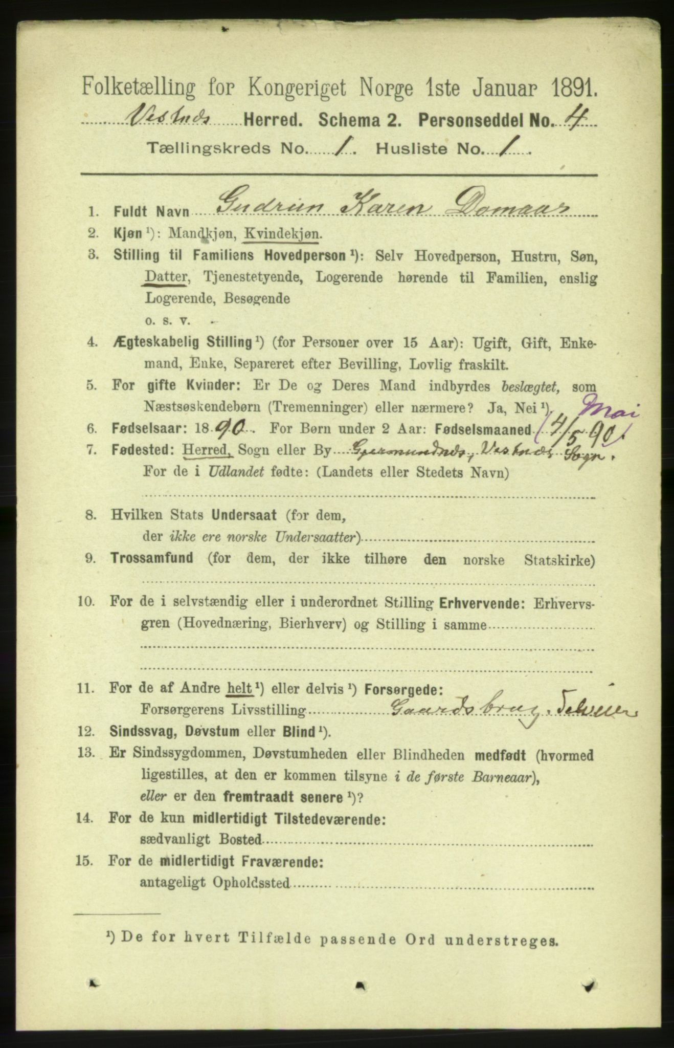 RA, 1891 census for 1535 Vestnes, 1891, p. 85