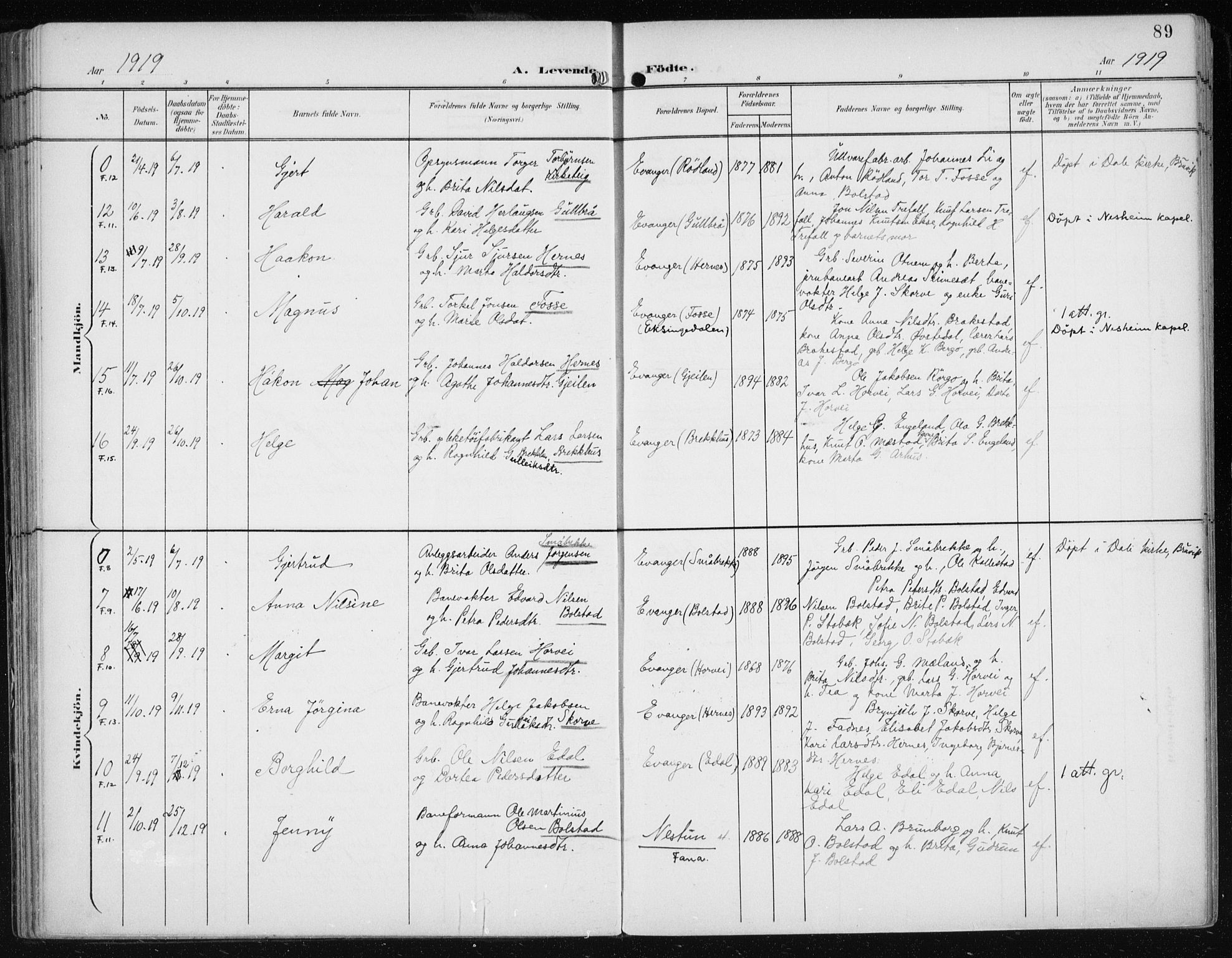Evanger sokneprestembete, SAB/A-99924: Parish register (official) no. A  3, 1900-1930, p. 89