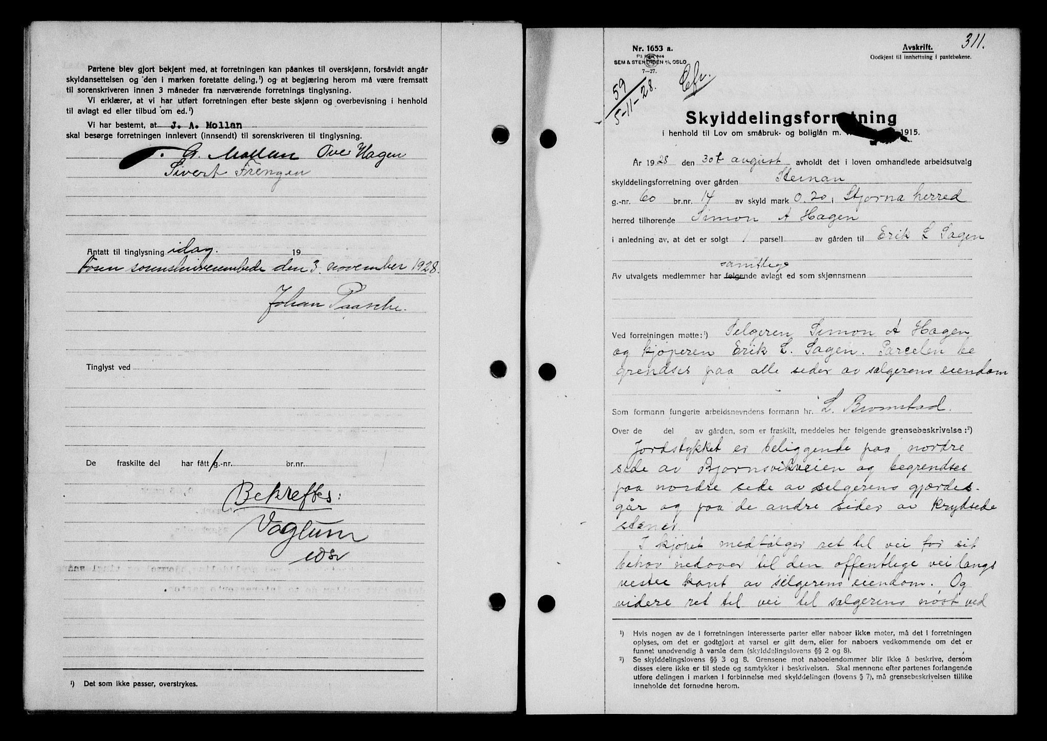 Fosen sorenskriveri, AV/SAT-A-1107/1/2/2C/L0067: Mortgage book no. 58, 1928-1929, p. 311, Deed date: 05.11.1928