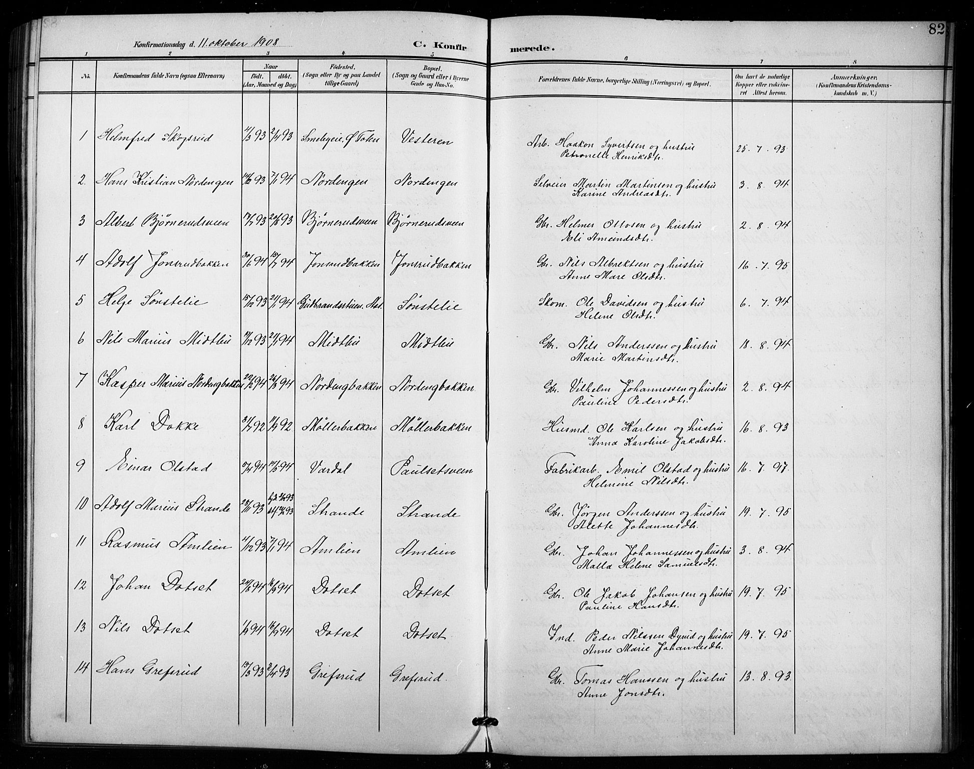 Vestre Toten prestekontor, SAH/PREST-108/H/Ha/Hab/L0016: Parish register (copy) no. 16, 1901-1915, p. 82