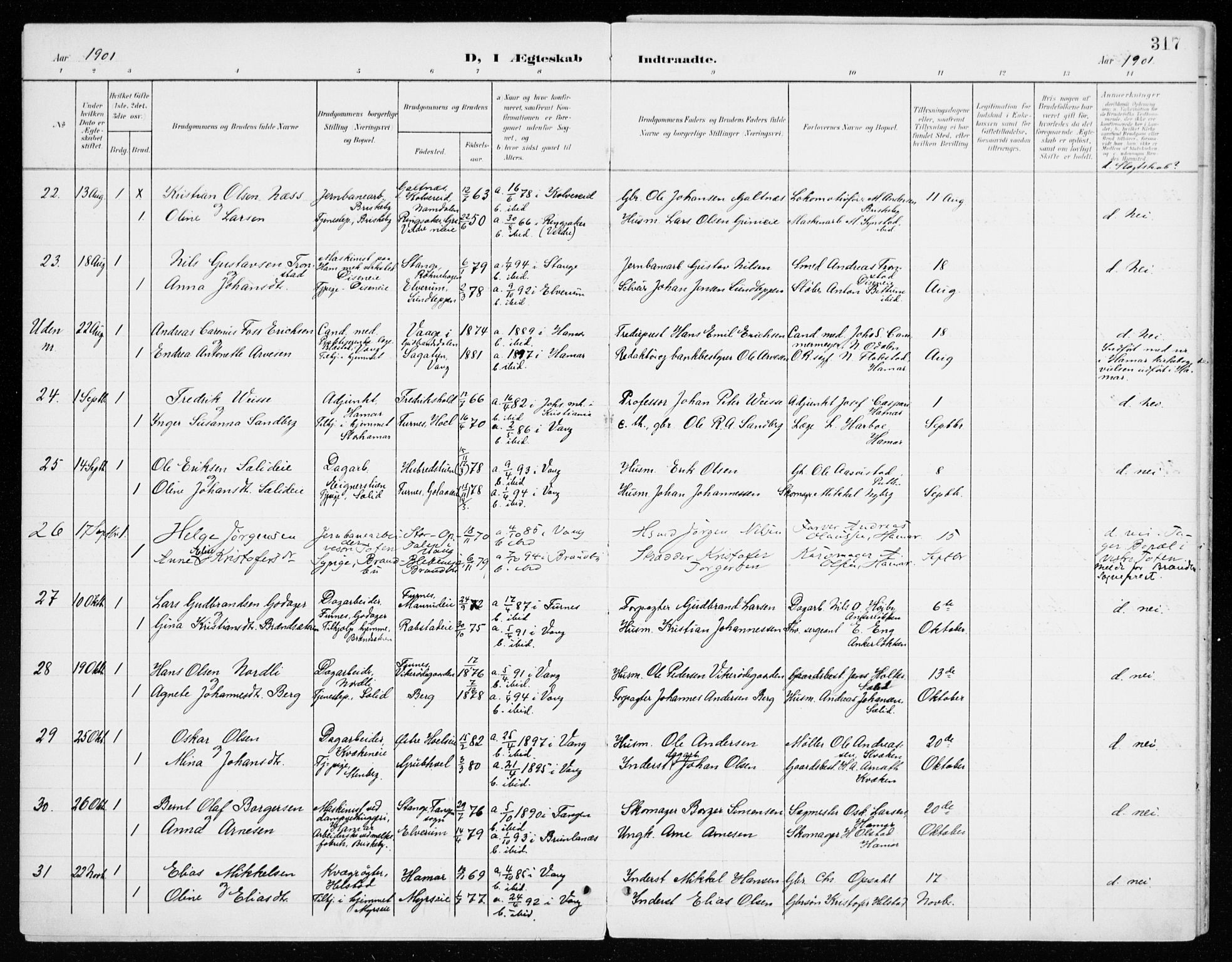 Vang prestekontor, Hedmark, AV/SAH-PREST-008/H/Ha/Haa/L0021: Parish register (official) no. 21, 1902-1917, p. 317