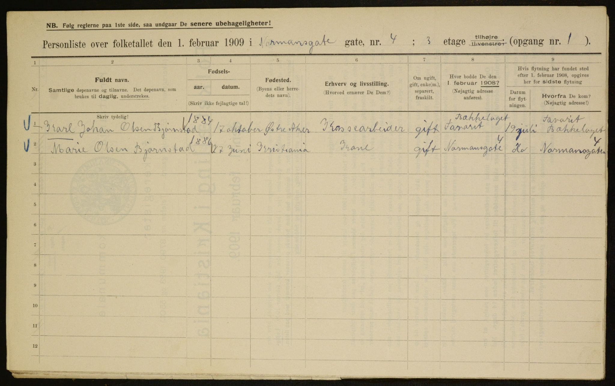 OBA, Municipal Census 1909 for Kristiania, 1909, p. 66176