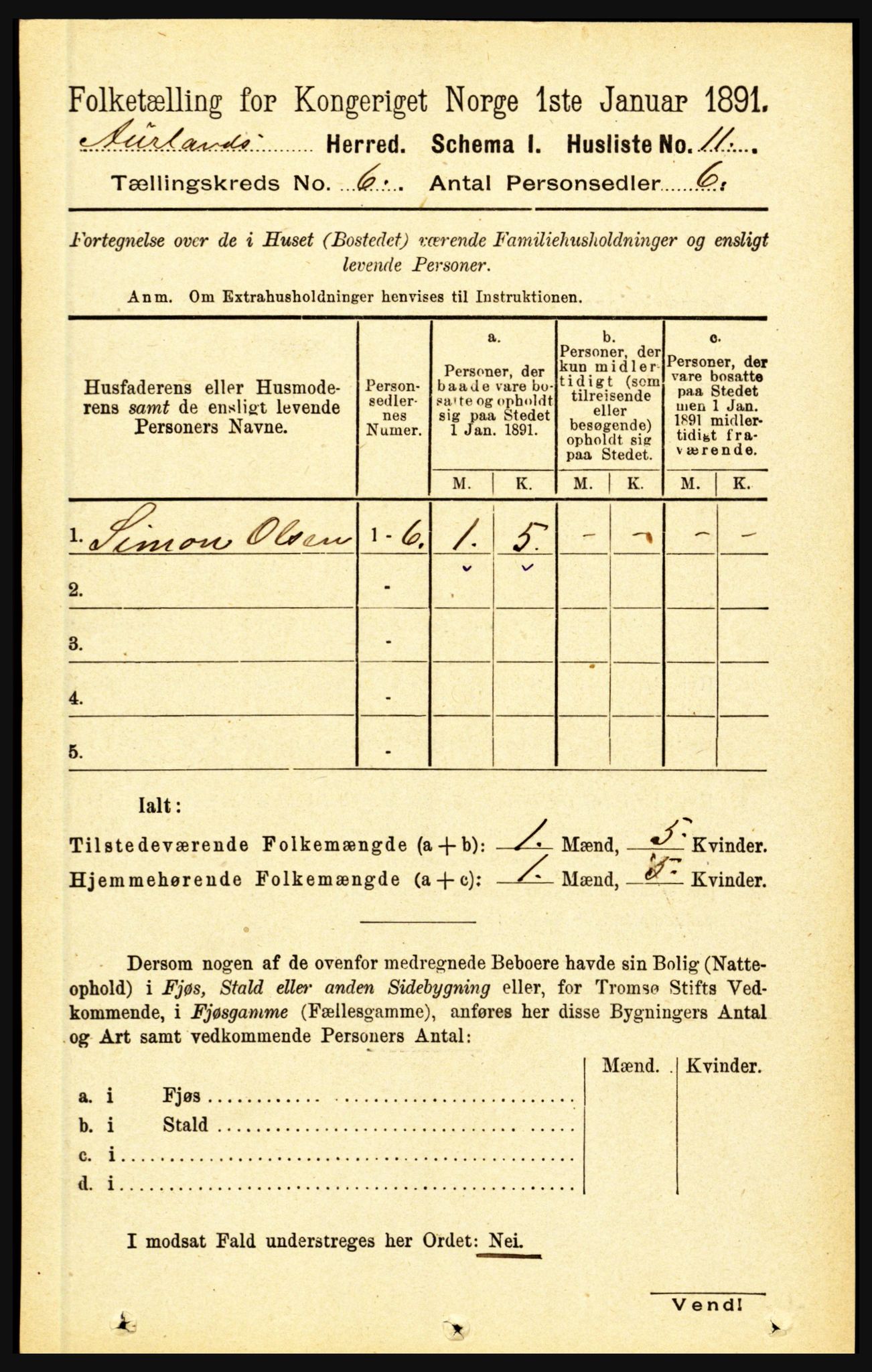 RA, 1891 census for 1421 Aurland, 1891, p. 2211