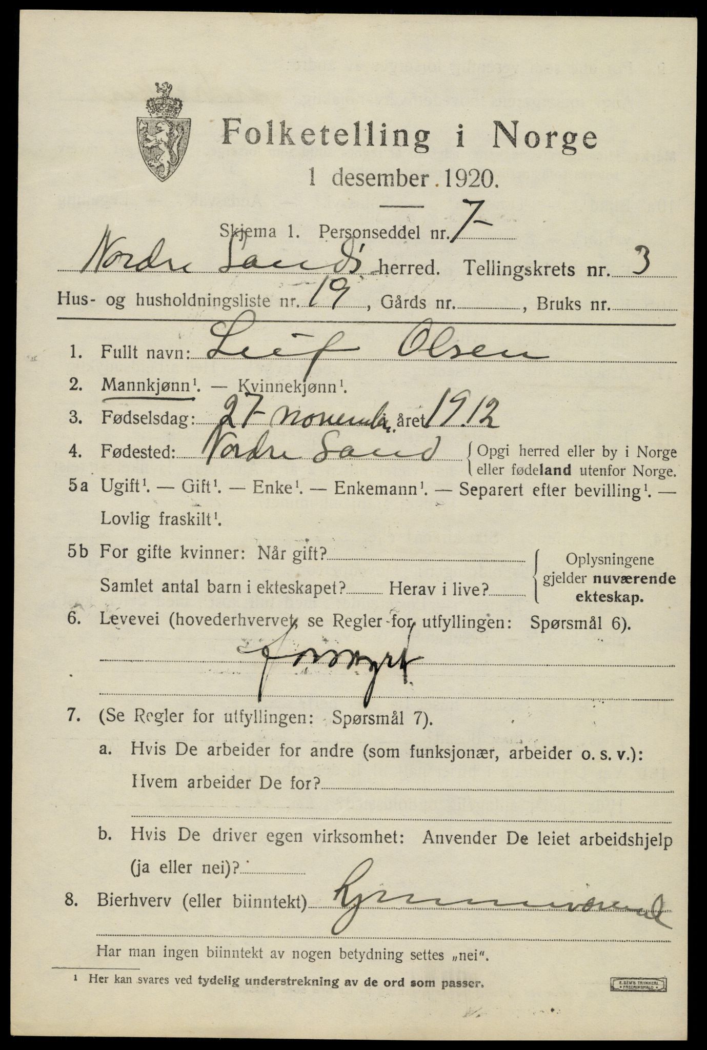 SAH, 1920 census for Nordre Land, 1920, p. 2443