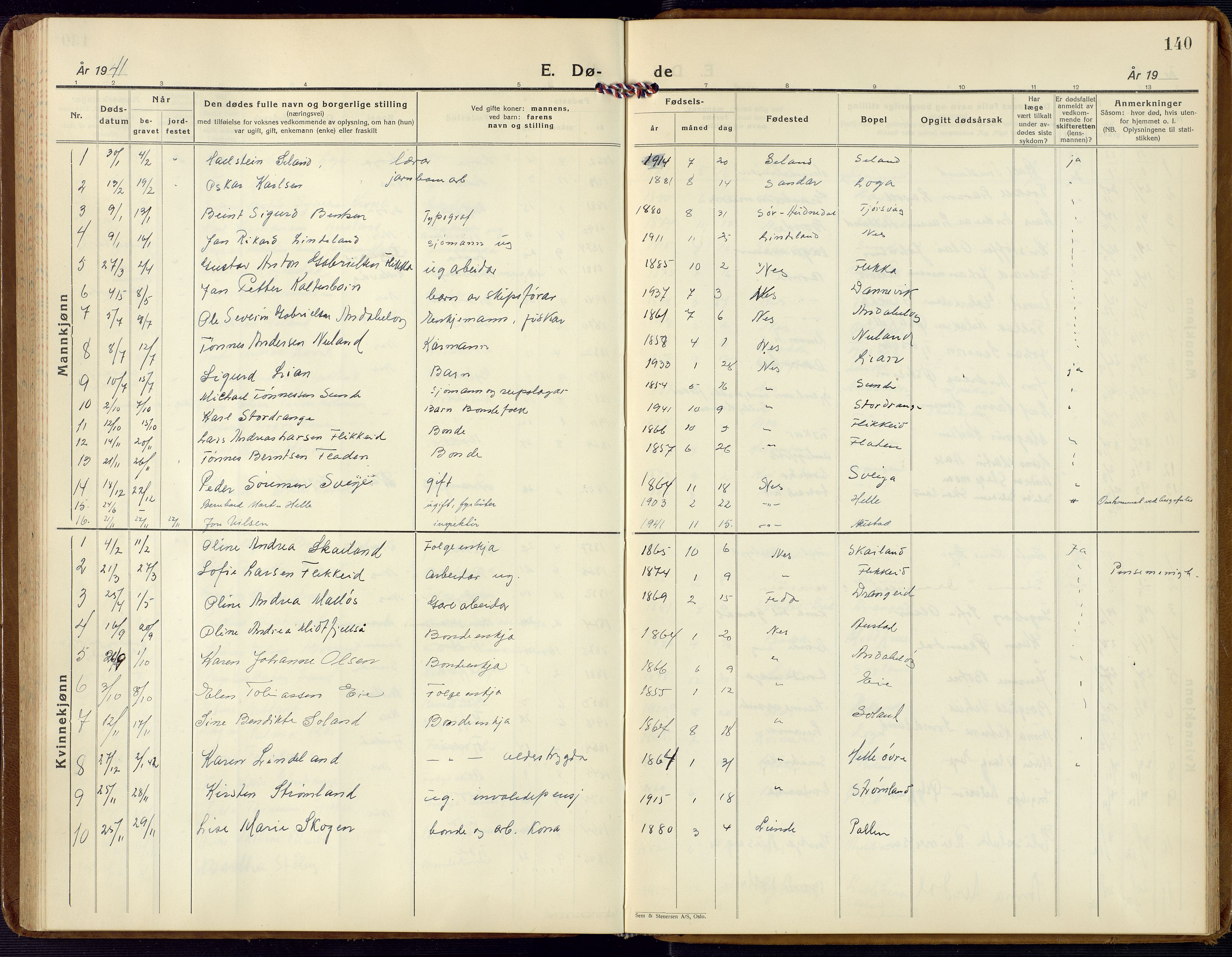Flekkefjord sokneprestkontor, AV/SAK-1111-0012/F/Fb/Fba/L0003: Parish register (copy) no. B 3, 1932-1969, p. 140