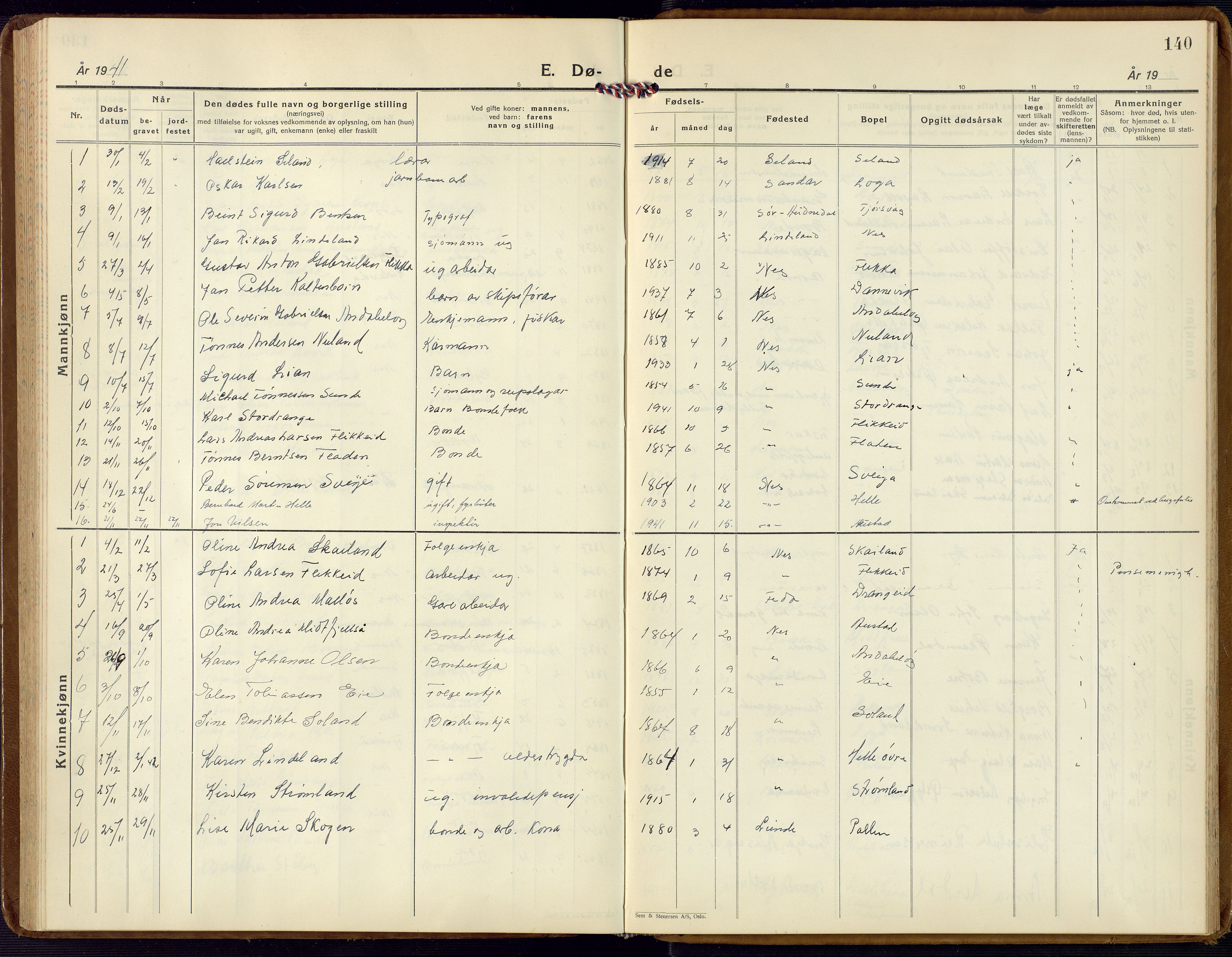 Flekkefjord sokneprestkontor, SAK/1111-0012/F/Fb/Fbc/L0009: Parish register (copy) no. B 9, 1932-1965, p. 140