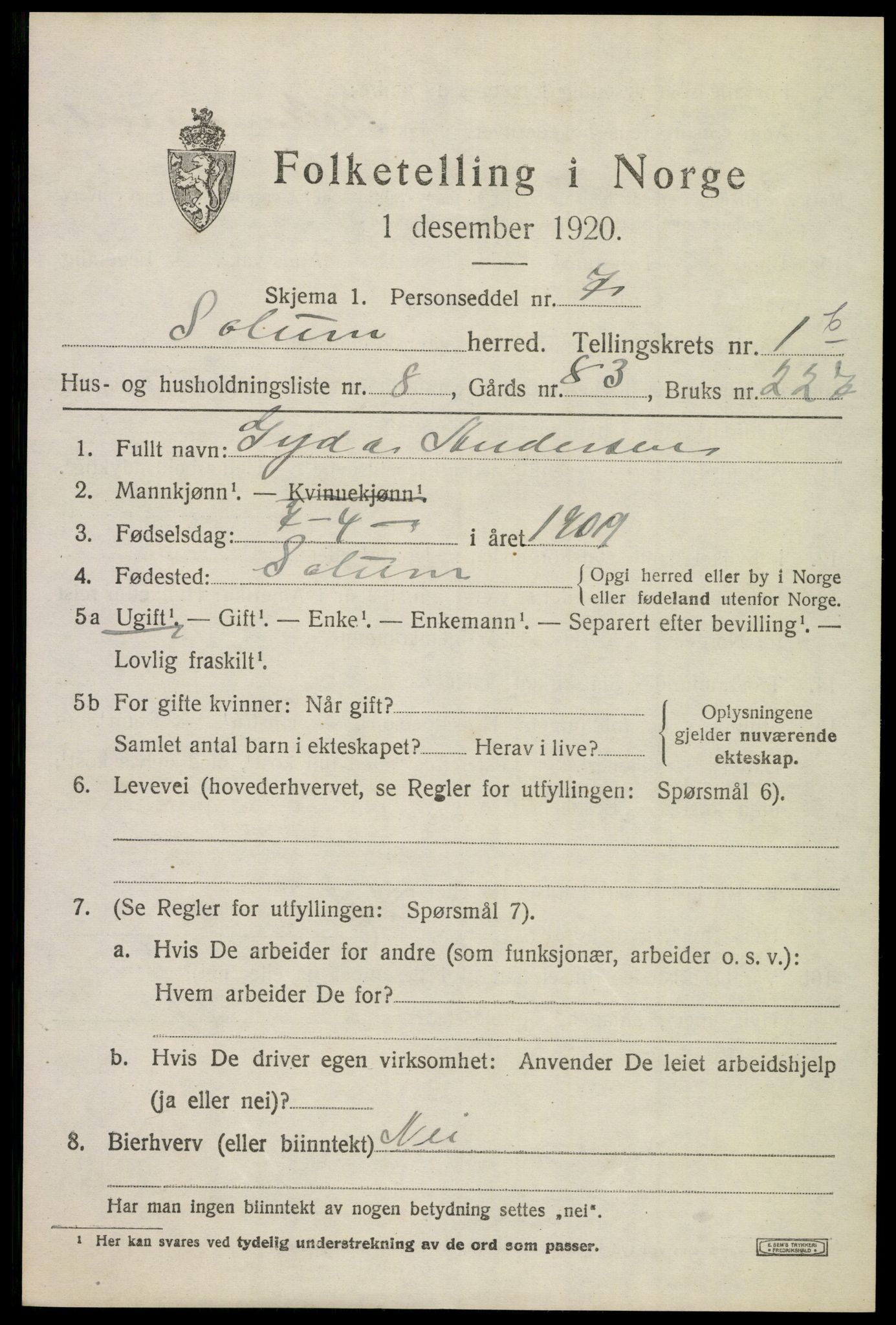 SAKO, 1920 census for Solum, 1920, p. 4226