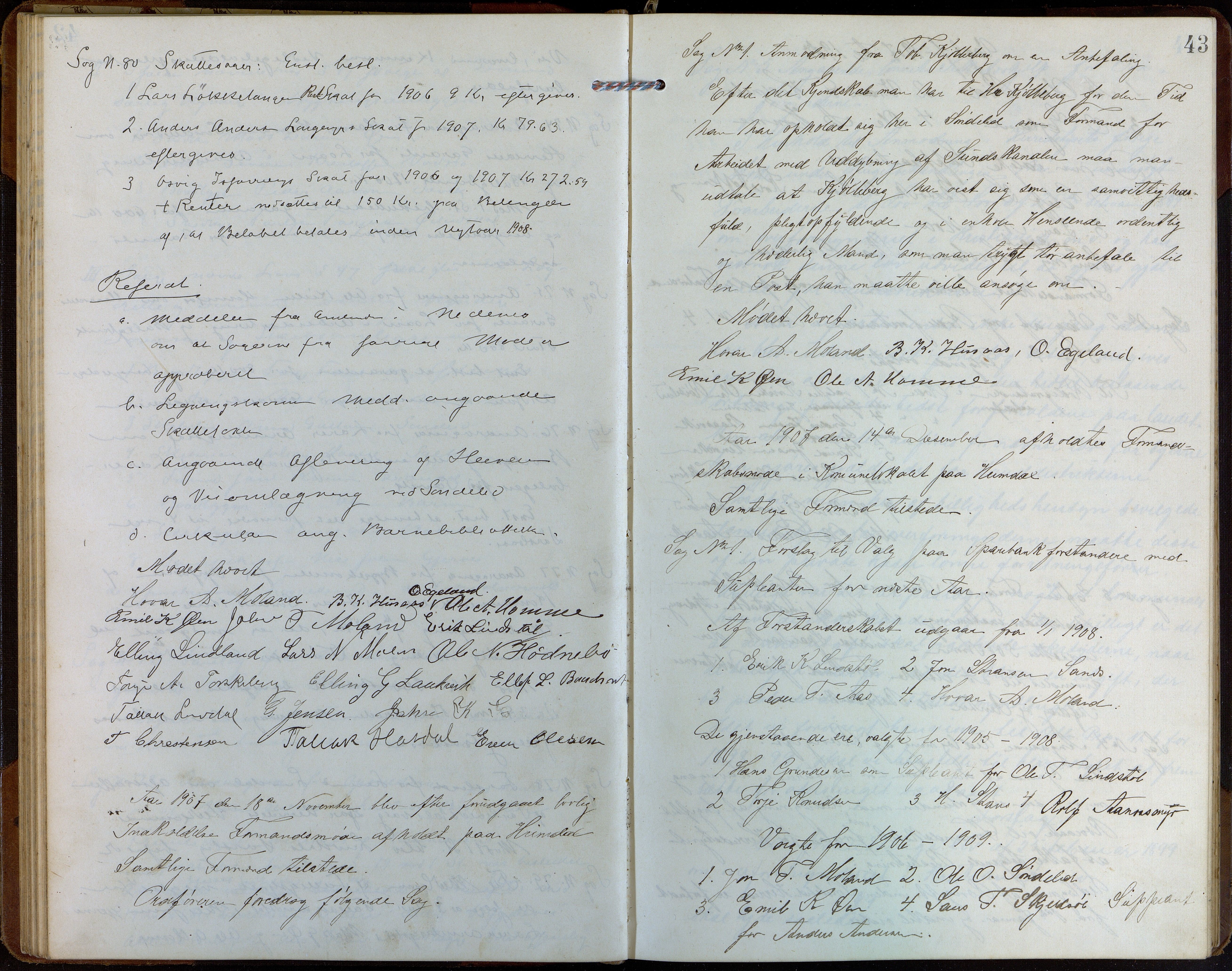 Søndeled kommune, AAKS/KA0913-PK/1/01/L0004: Forhandlingsprotokoll, 1905-1916, p. 43