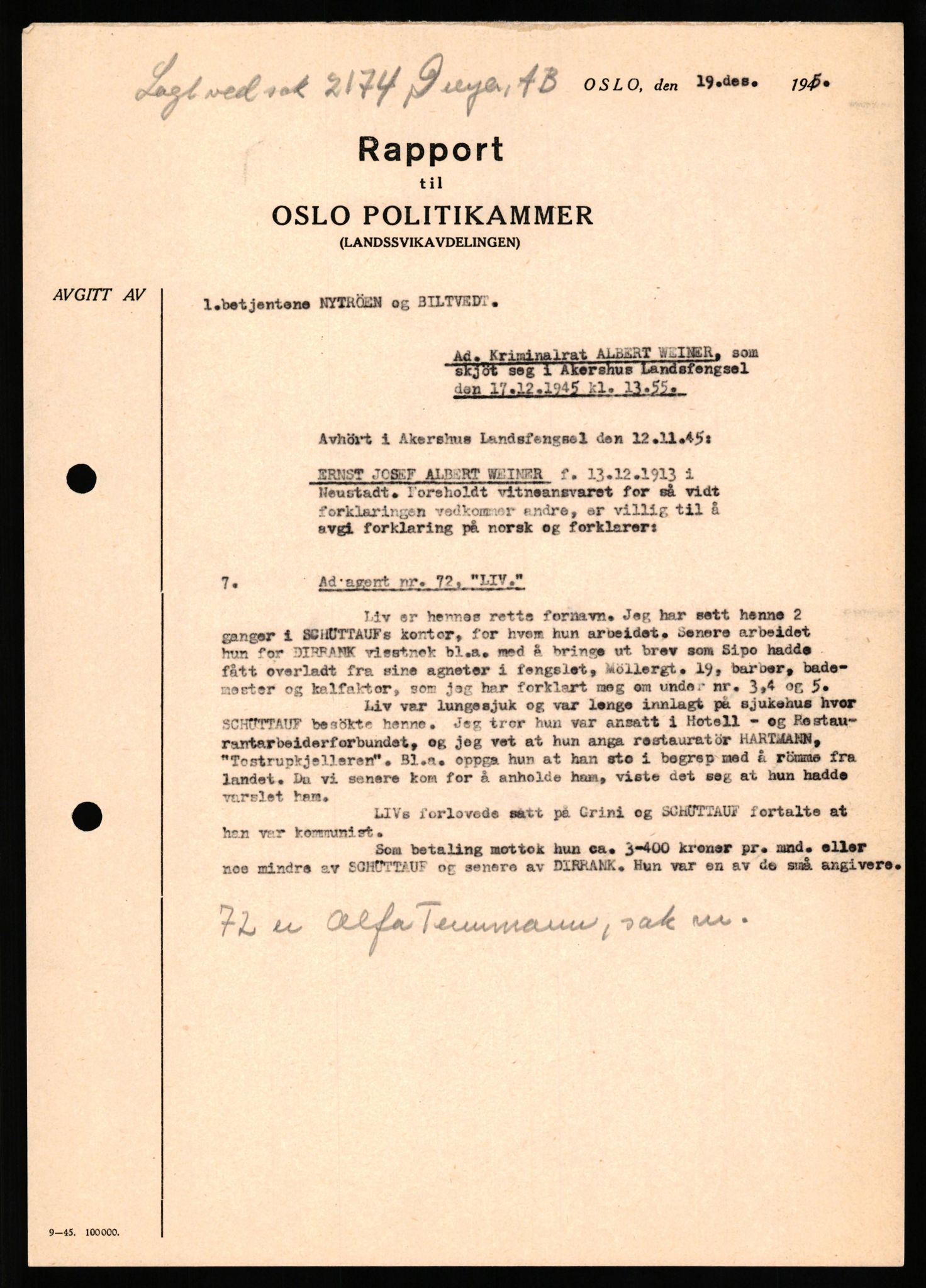 Forsvaret, Forsvarets overkommando II, AV/RA-RAFA-3915/D/Db/L0035: CI Questionaires. Tyske okkupasjonsstyrker i Norge. Tyskere., 1945-1946, p. 244