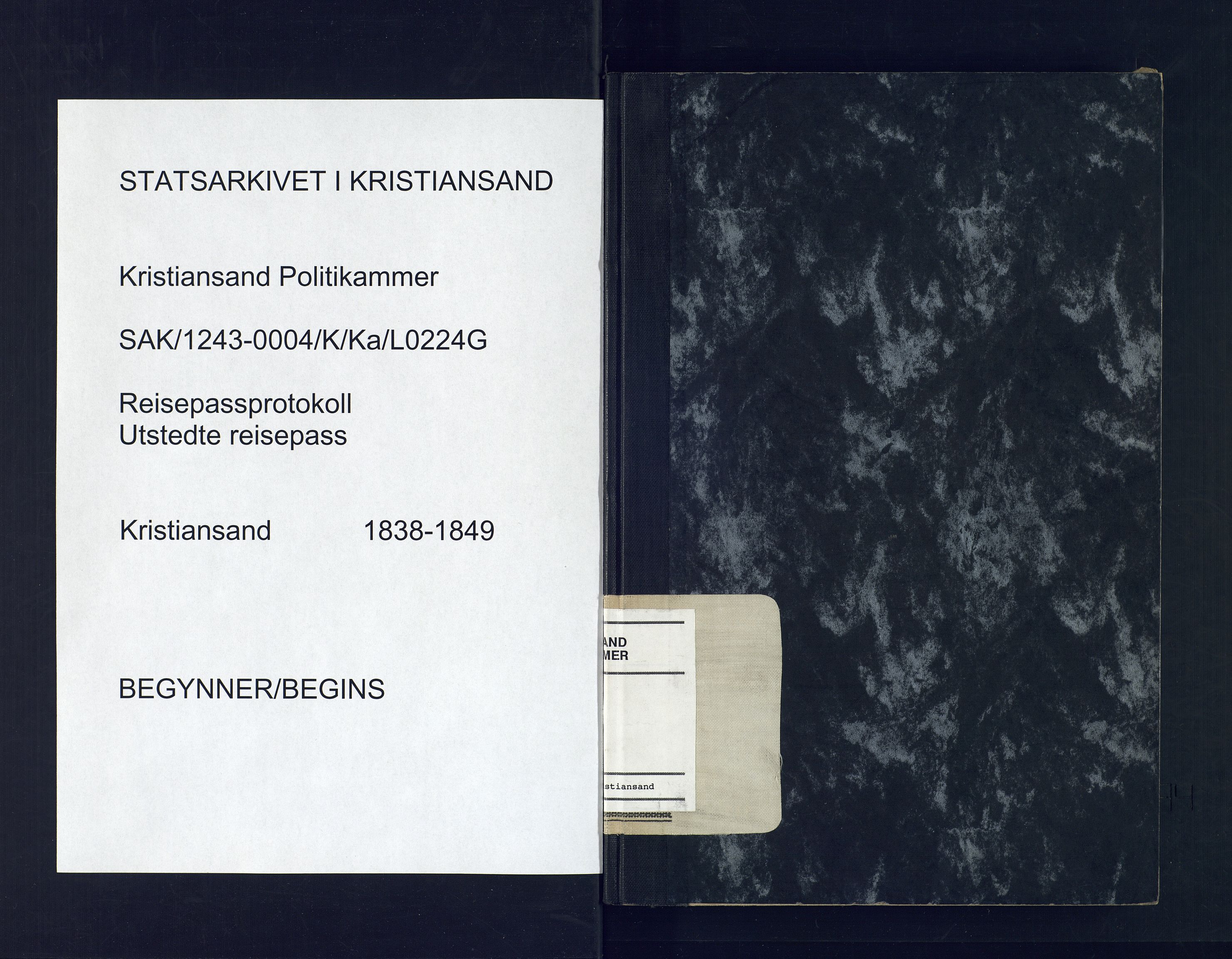 Kristiansand politikammer, SAK/1243-0004/K/Ka/L0224G: Reisepassprotokoll utstedte reisepass, 1838-1849, p. 1