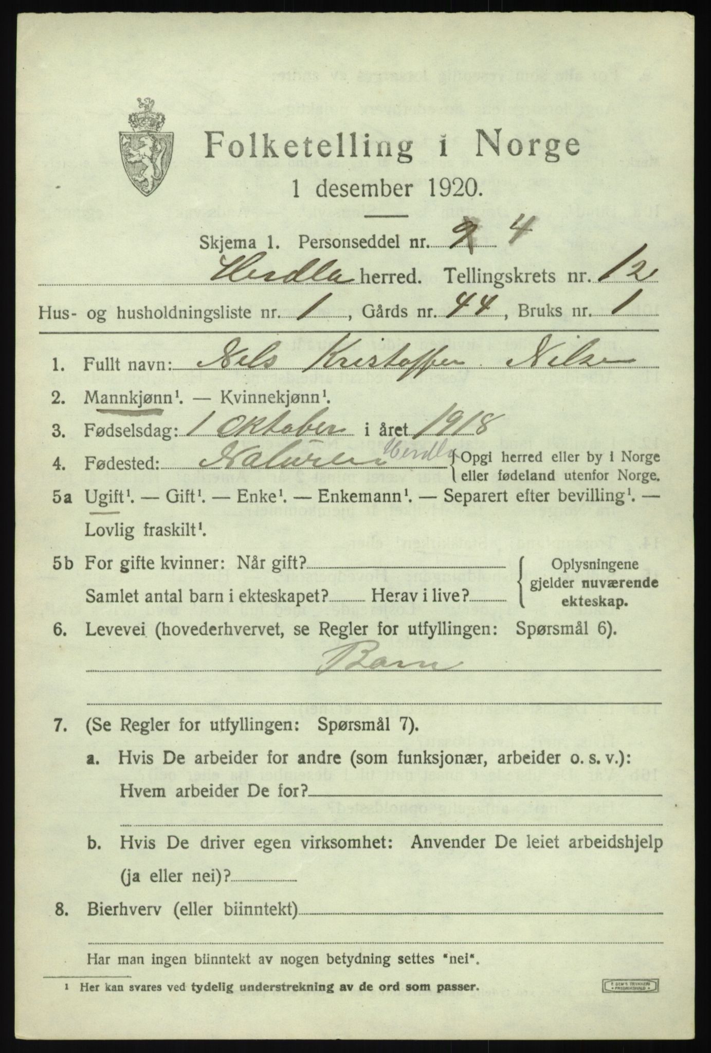 SAB, 1920 census for Herdla, 1920, p. 8341