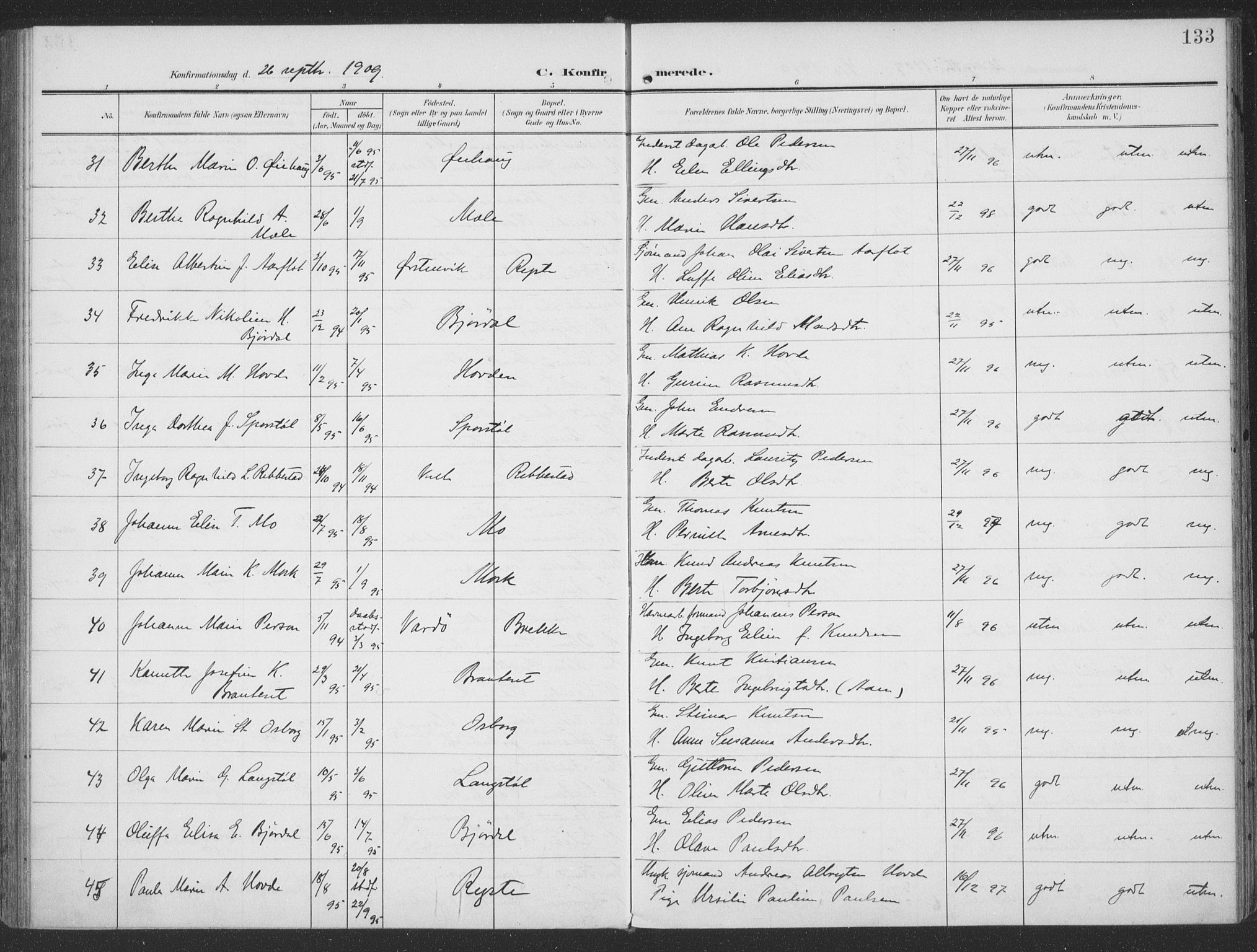 Ministerialprotokoller, klokkerbøker og fødselsregistre - Møre og Romsdal, SAT/A-1454/513/L0178: Parish register (official) no. 513A05, 1906-1919, p. 133