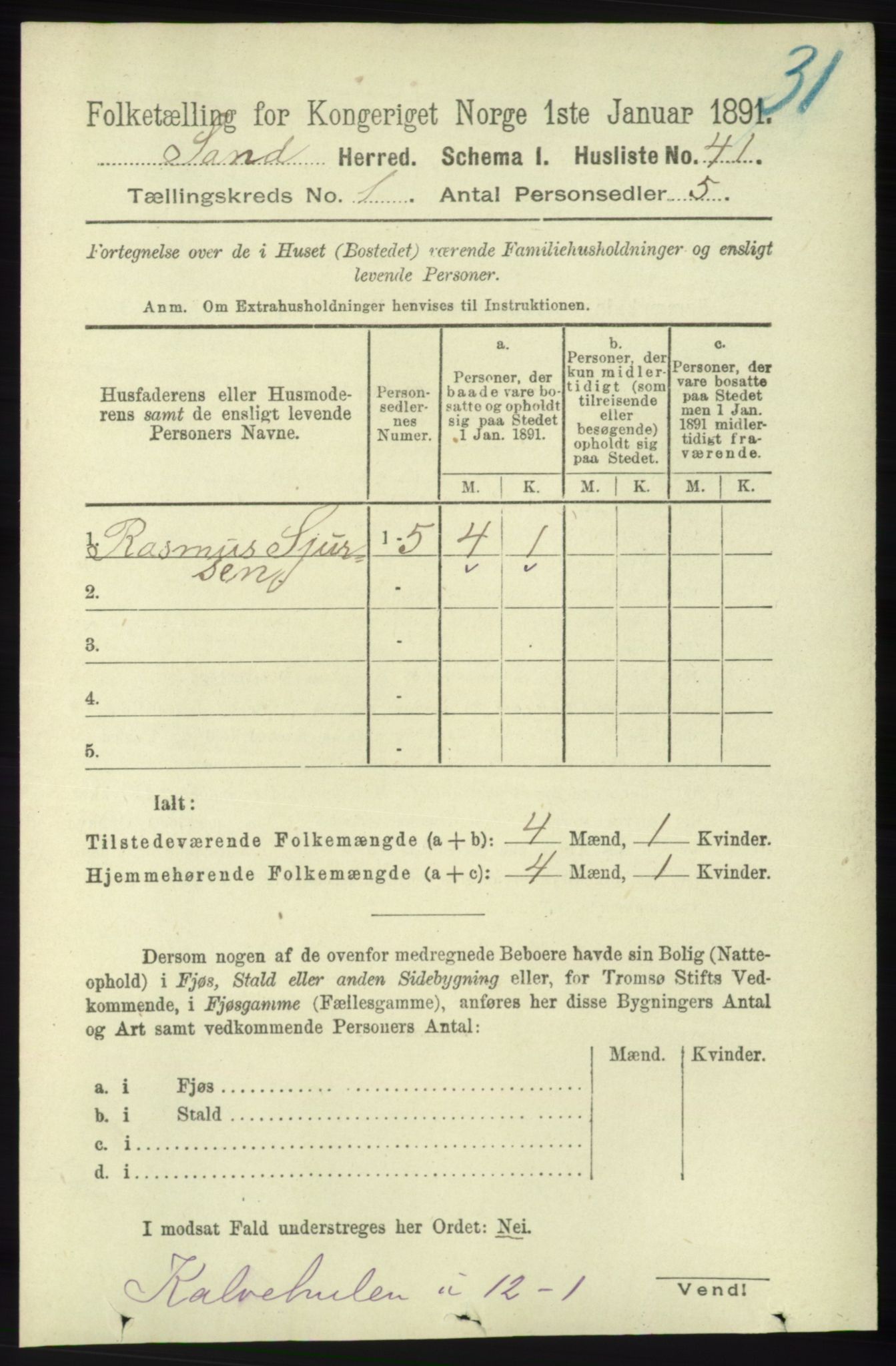 RA, 1891 census for 1136 Sand, 1891, p. 56