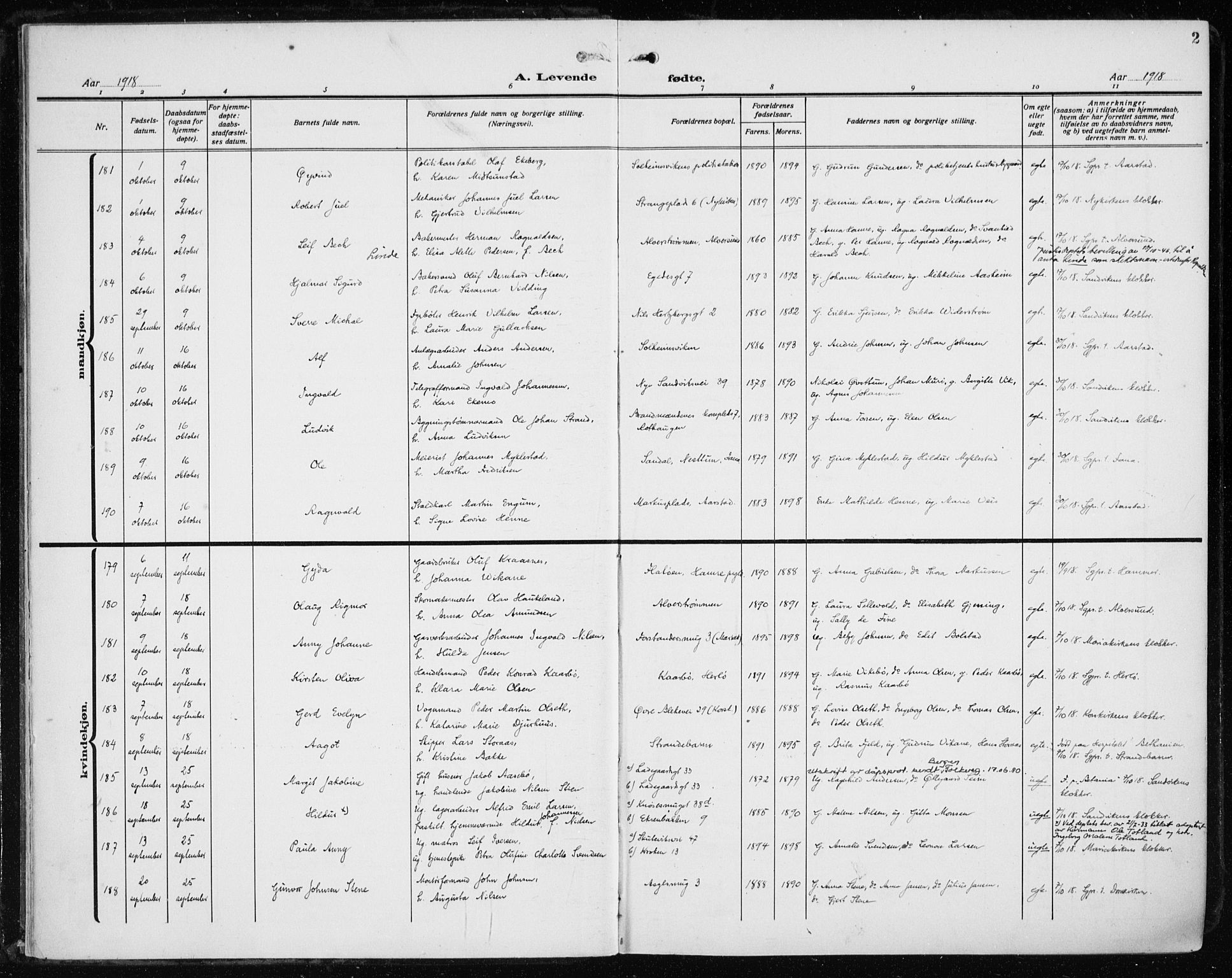 Fødselsstiftelsens sokneprestembete*, SAB/-: Parish register (official) no. A 5, 1918-1926, p. 2