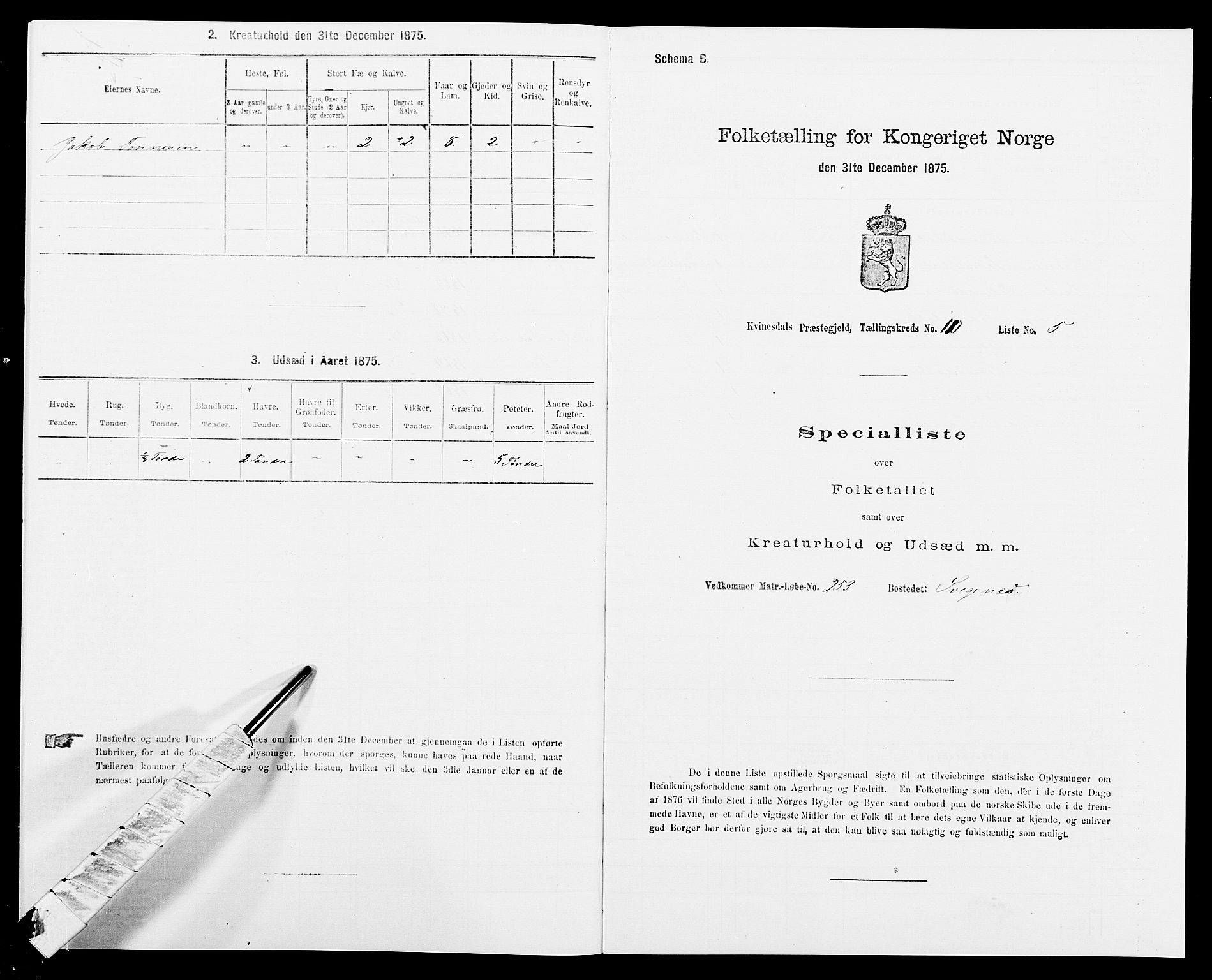 SAK, 1875 census for 1037P Kvinesdal, 1875, p. 1547