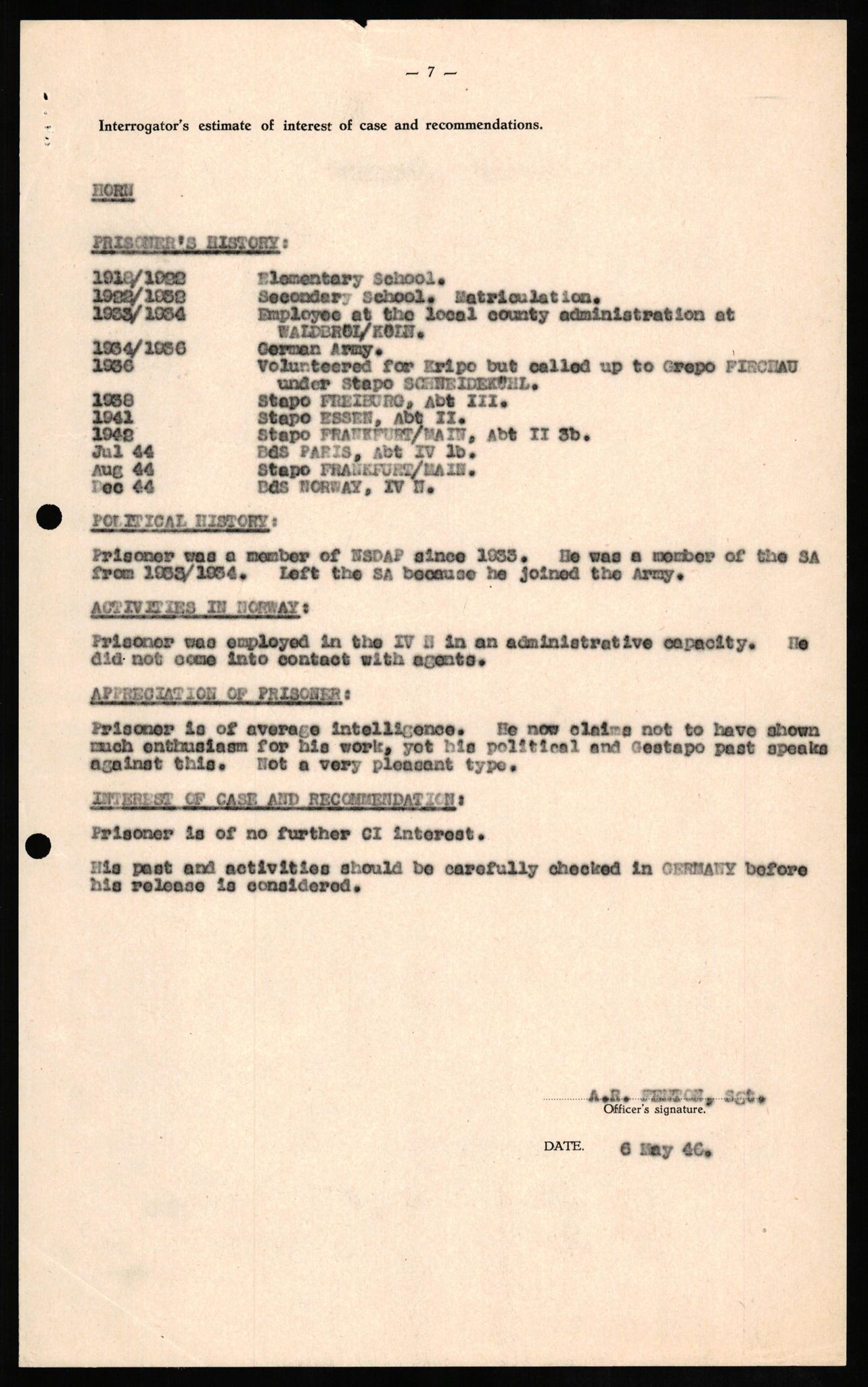 Forsvaret, Forsvarets overkommando II, RA/RAFA-3915/D/Db/L0014: CI Questionaires. Tyske okkupasjonsstyrker i Norge. Tyskere., 1945-1946, p. 27