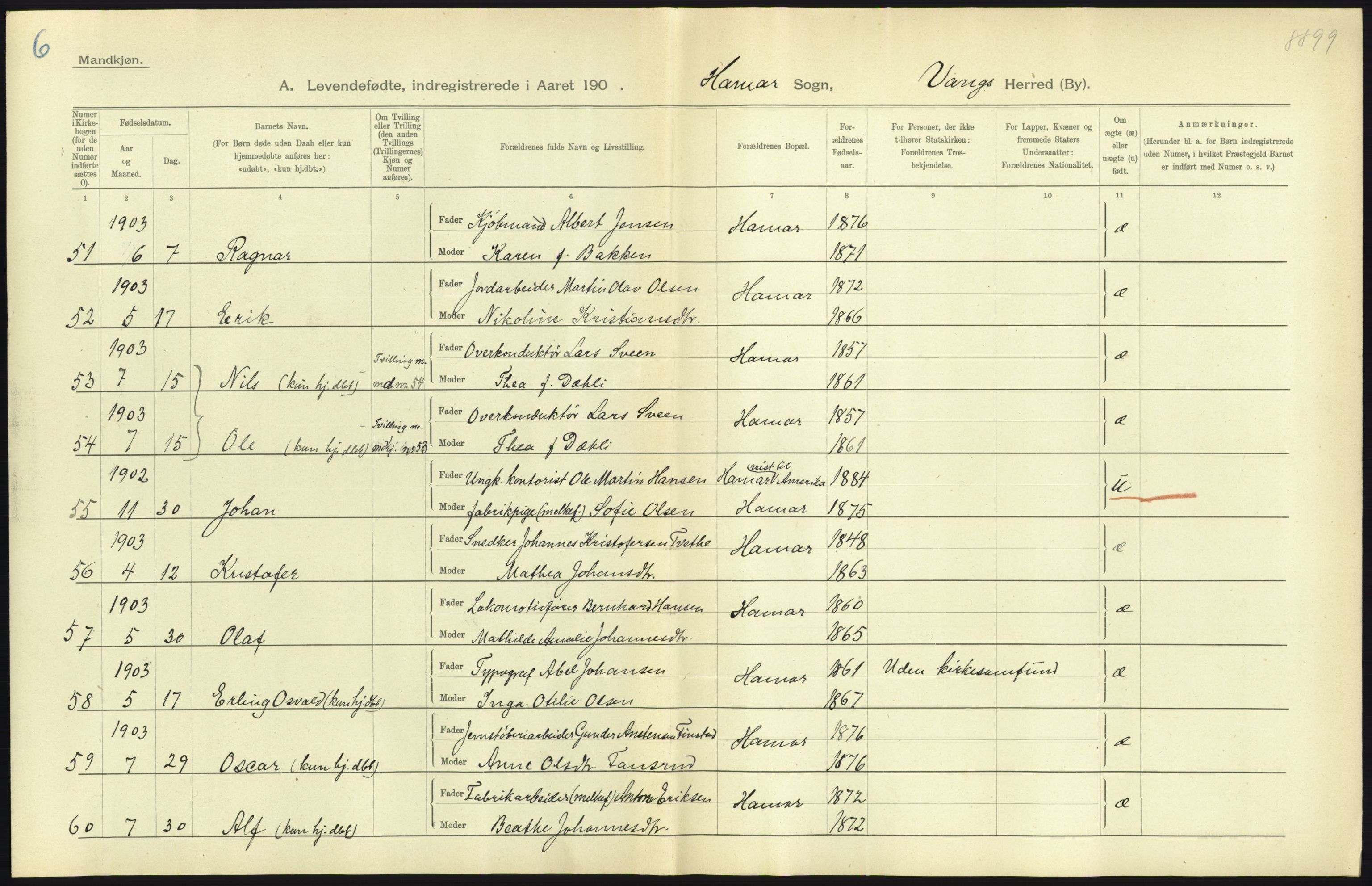 Statistisk sentralbyrå, Sosiodemografiske emner, Befolkning, AV/RA-S-2228/D/Df/Dfa/Dfaa/L0005: Hedemarkens amt: Fødte, gifte, døde, 1903, p. 721