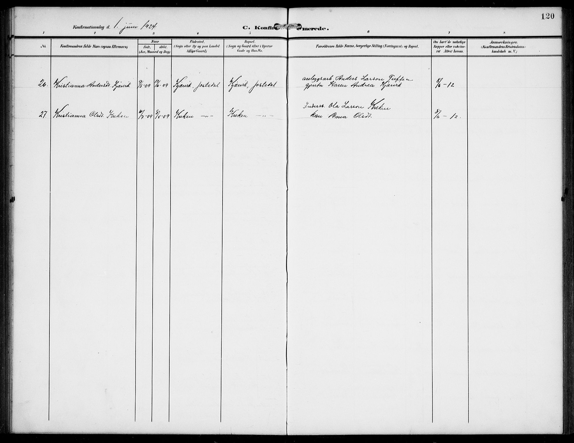 Jostedal sokneprestembete, SAB/A-80601/H/Hab/Haba/L0002: Parish register (copy) no. A 2, 1907-1931, p. 120