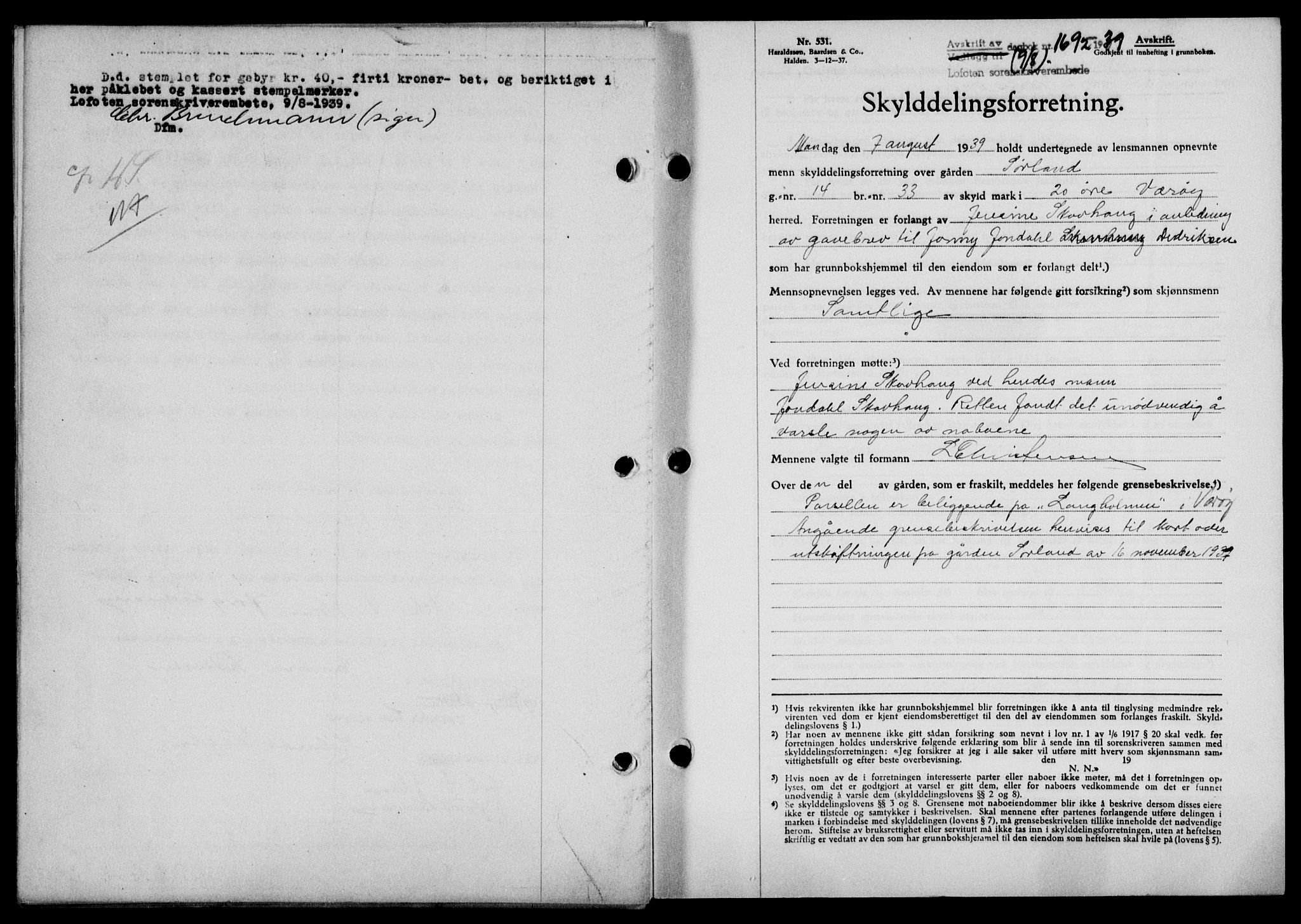 Lofoten sorenskriveri, SAT/A-0017/1/2/2C/L0006a: Mortgage book no. 6a, 1939-1939, Diary no: : 1692/1939