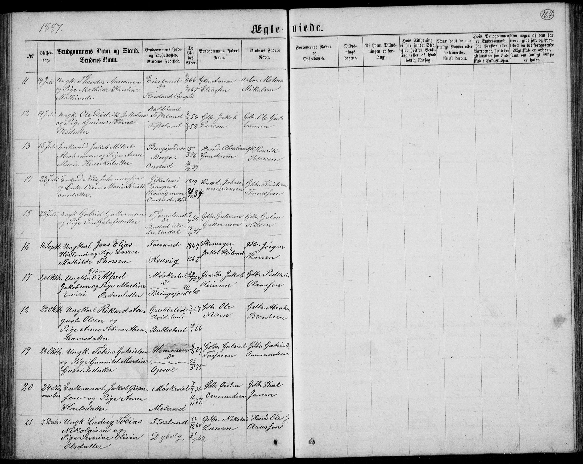 Lyngdal sokneprestkontor, AV/SAK-1111-0029/F/Fb/Fbc/L0004: Parish register (copy) no. B 4, 1878-1896, p. 164