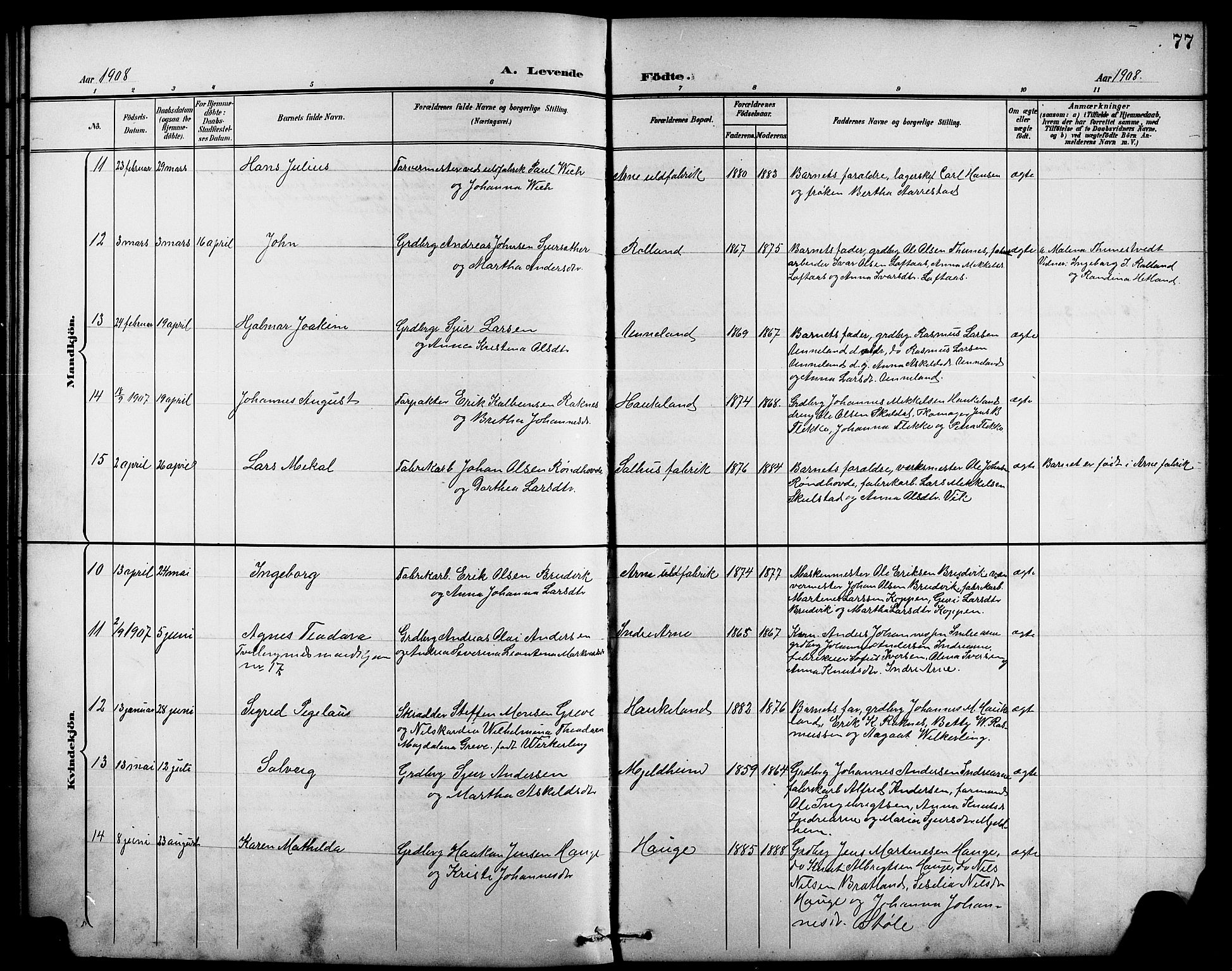 Arna Sokneprestembete, SAB/A-74001/H/Ha/Hab: Parish register (copy) no. A 4, 1898-1910, p. 77